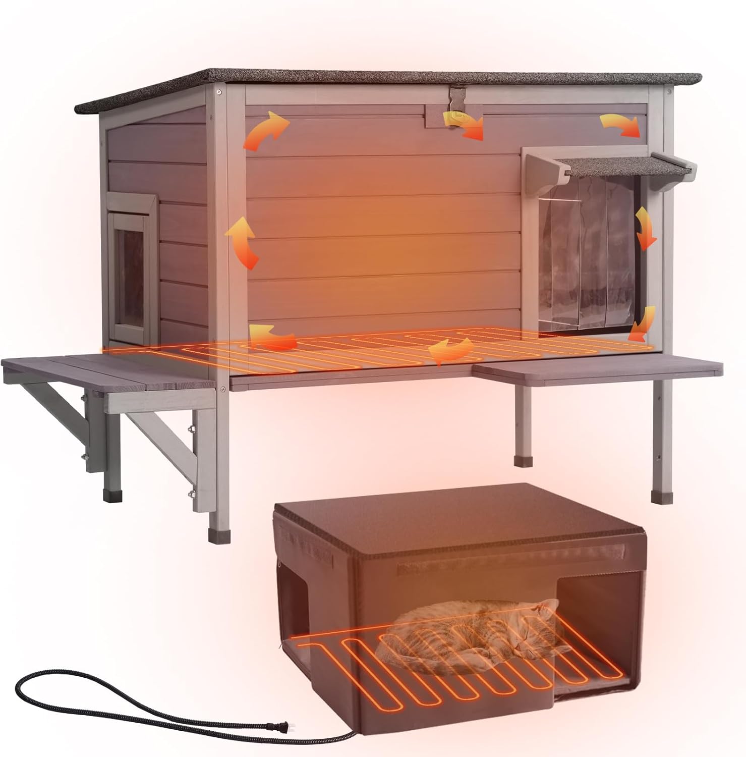 Heated Cat House for Outside Cats Winter, 100% Waterproof Insulated Outdoor Cat Shelter with Heater & Insulated Liner