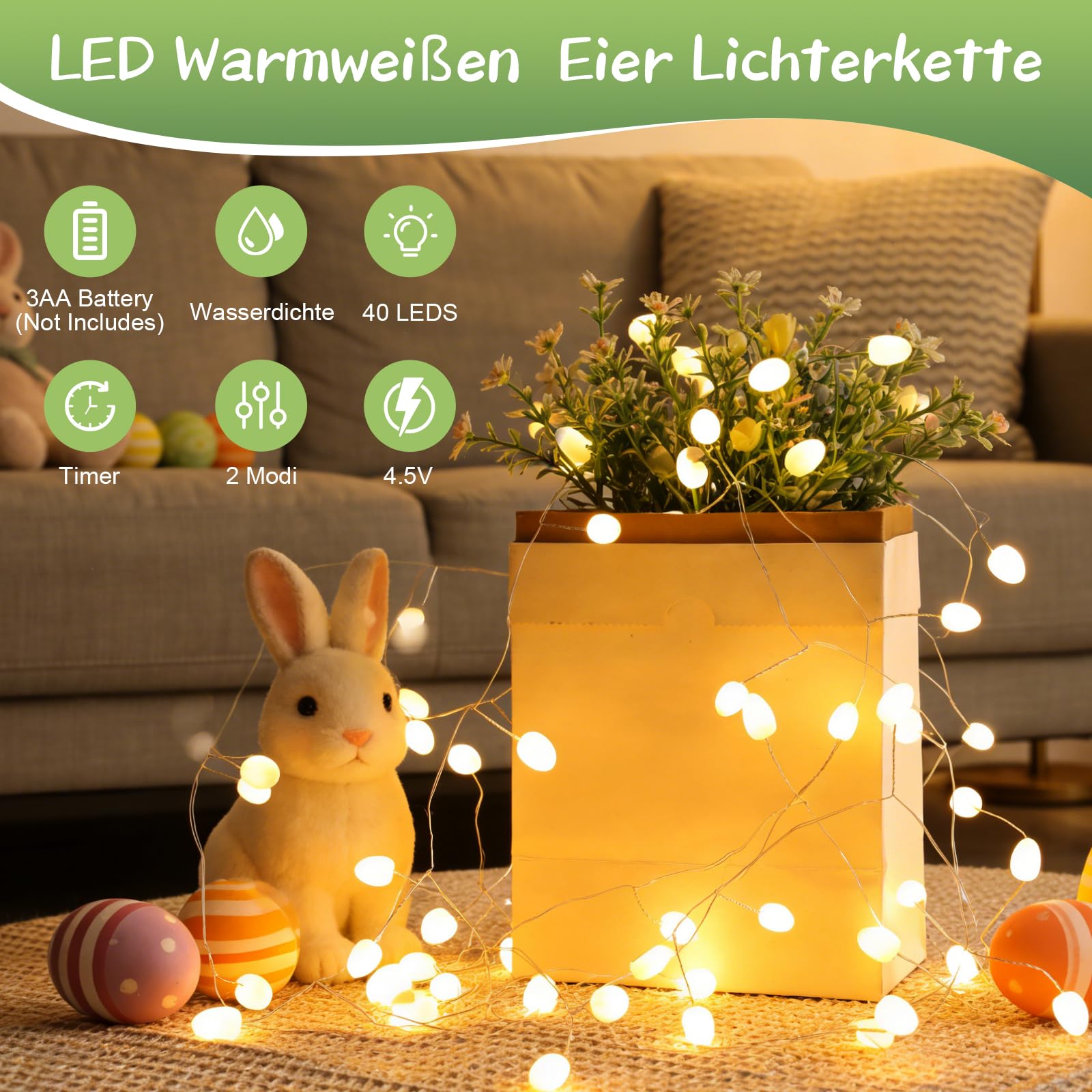Guirnalda de luces LED, 3 m, 40 LED, funciona con pilas, luz blanca cálida, cadena de luces para Navidad, boda, fiesta, balcón, camping, habitación infantil, interior y exterior