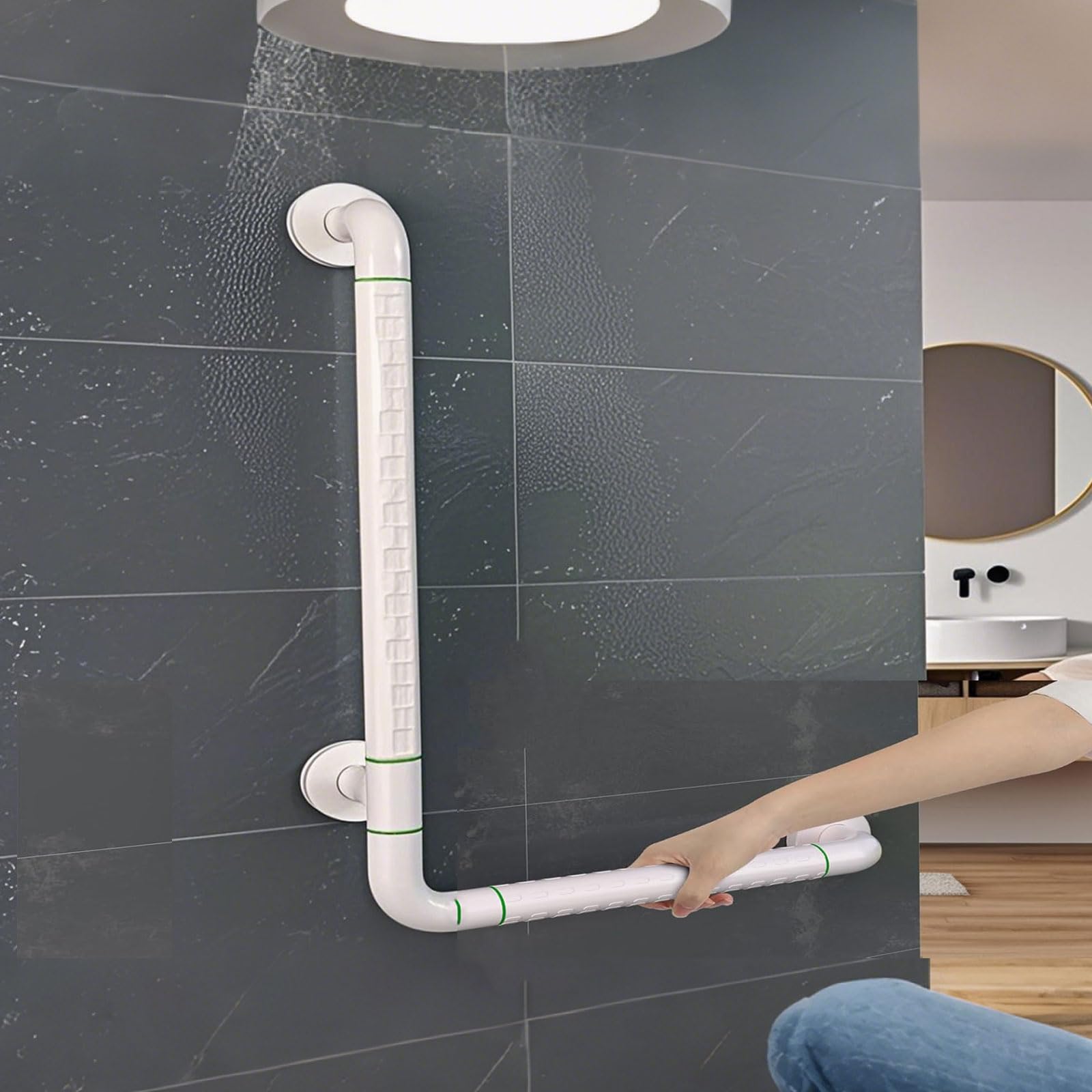 Angle Grab Bar for Wall (0-180 Free Degree Grip Bar 15IN *15IN) l Shape Bathroom Shower Safety Grab Bars for Bathtubs and Showers, White Anti-Slip Handle for Seniors, Handicap, 27.5 in