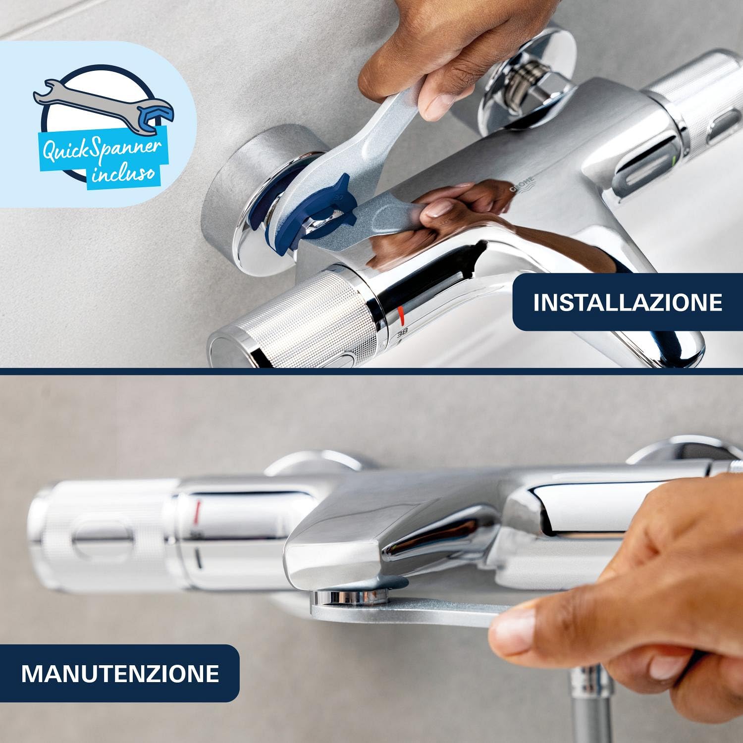GROHE Dice Miscelatore vasca/doccia a vista con deviatore automatico (a parete, leva in metallo, cartuccia ceramica 35 mm, con QuickSpanner per un’installazione semplice), finitura Cromo, 1018720000