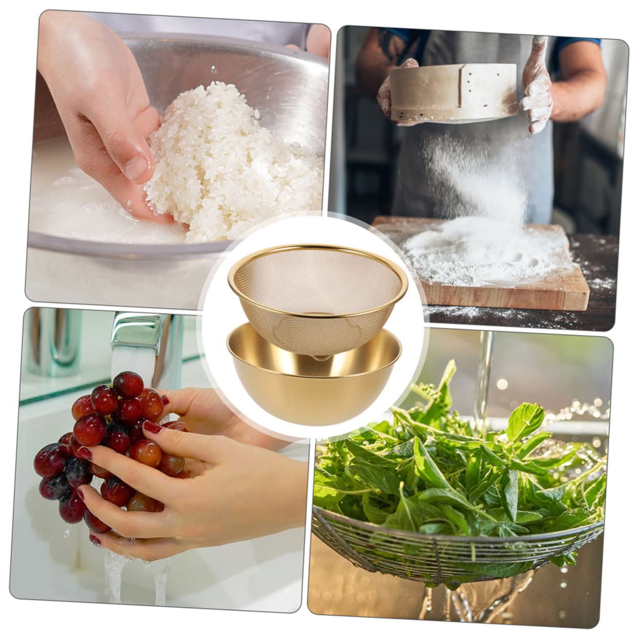Colador Escurridor de Arroz 1 Juego de Acero Inoxidable para Cocina | Lavar Verduras y Frutas, Dorado, Uso Prolongado y Alta Dureza, No se Deforma Facilidad