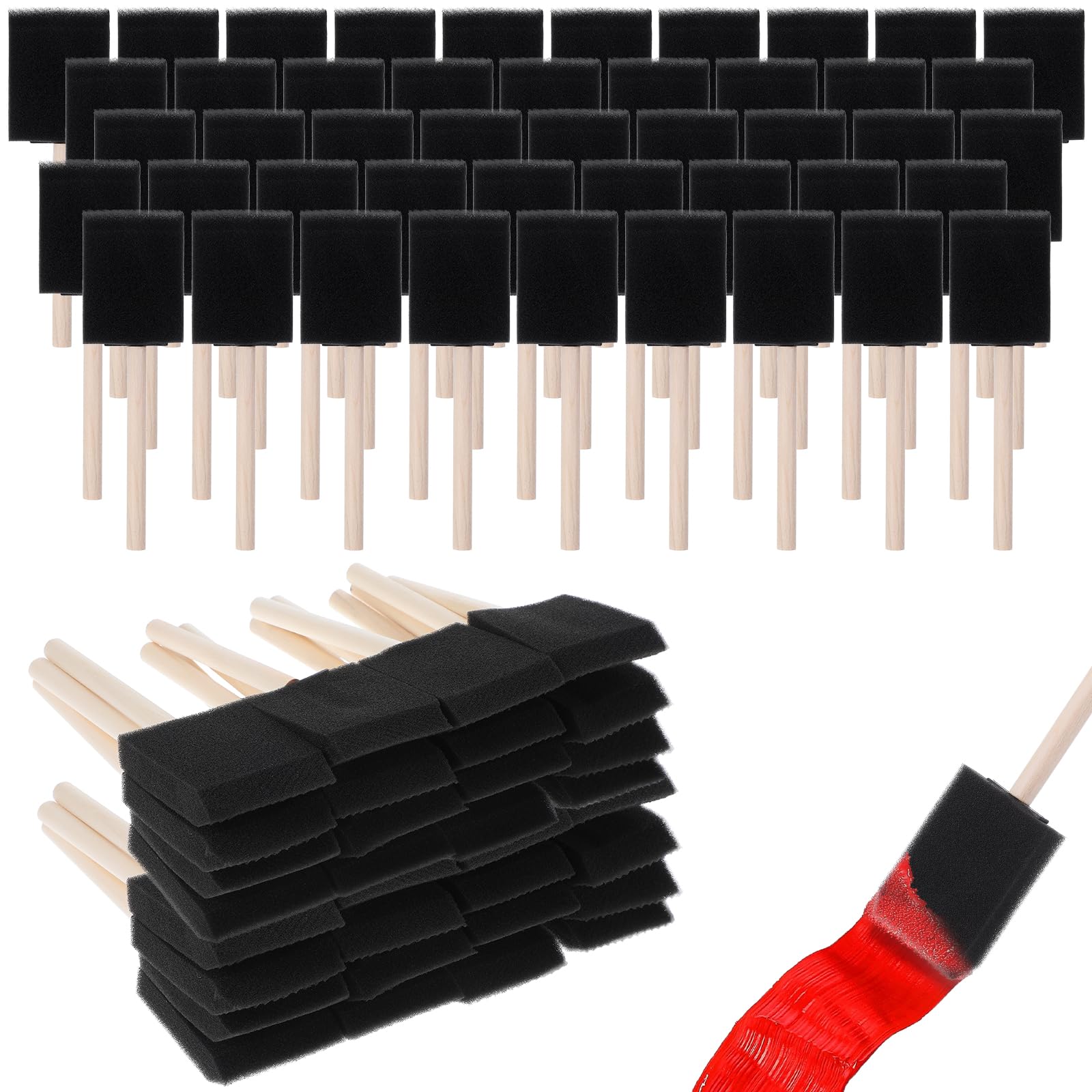 Lot de 100 pinceaux en mousse de 5,1 cm pour peinture, pinceau en mousse noire avec manche en bois pour acrylique, teinture, vernis, loisirs créatifs