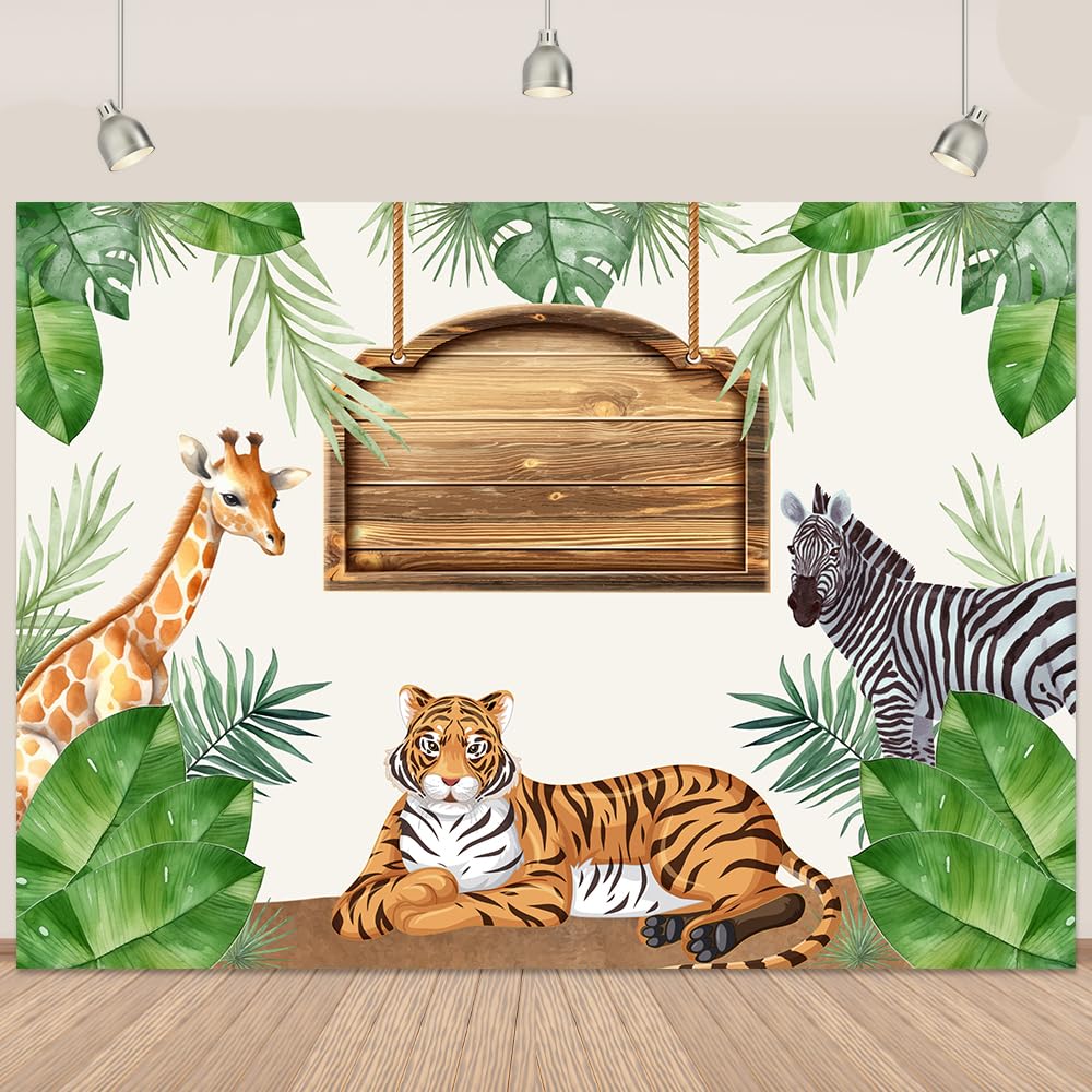 Safari Baby Shower Backdrop Jungle Animal Baby Shower Backdrop for Kids Greenery Tiger Photography Background Woodland Theme Safari Background for Boy