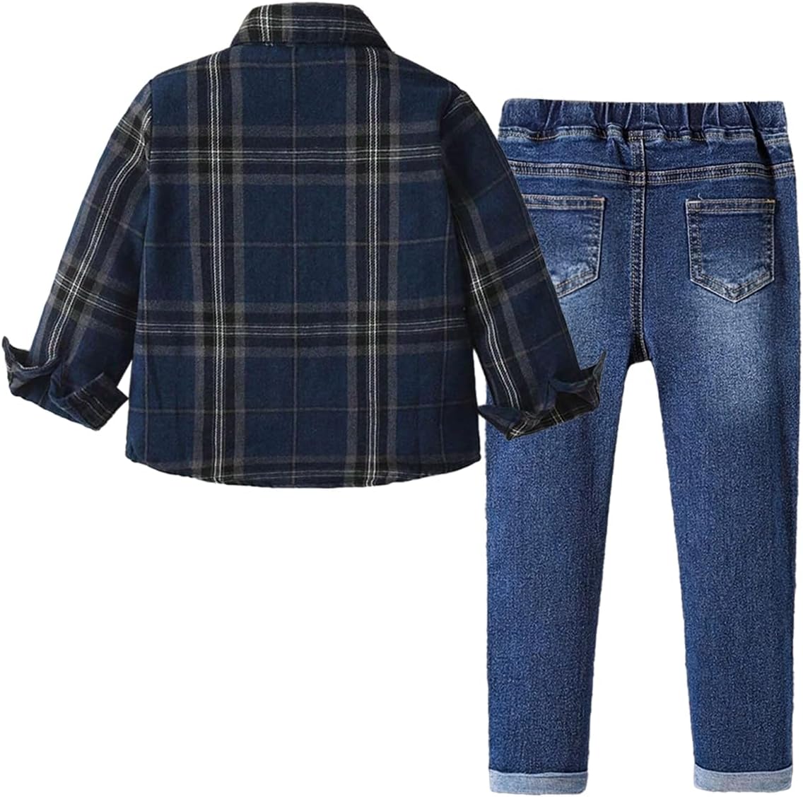 Boys Plaid Outfit 2Pcs Set, Long Sleeve Shirt and Denim Jeans, Elastic Waist Navy Fall School Clothes 4-8Y - Image 2