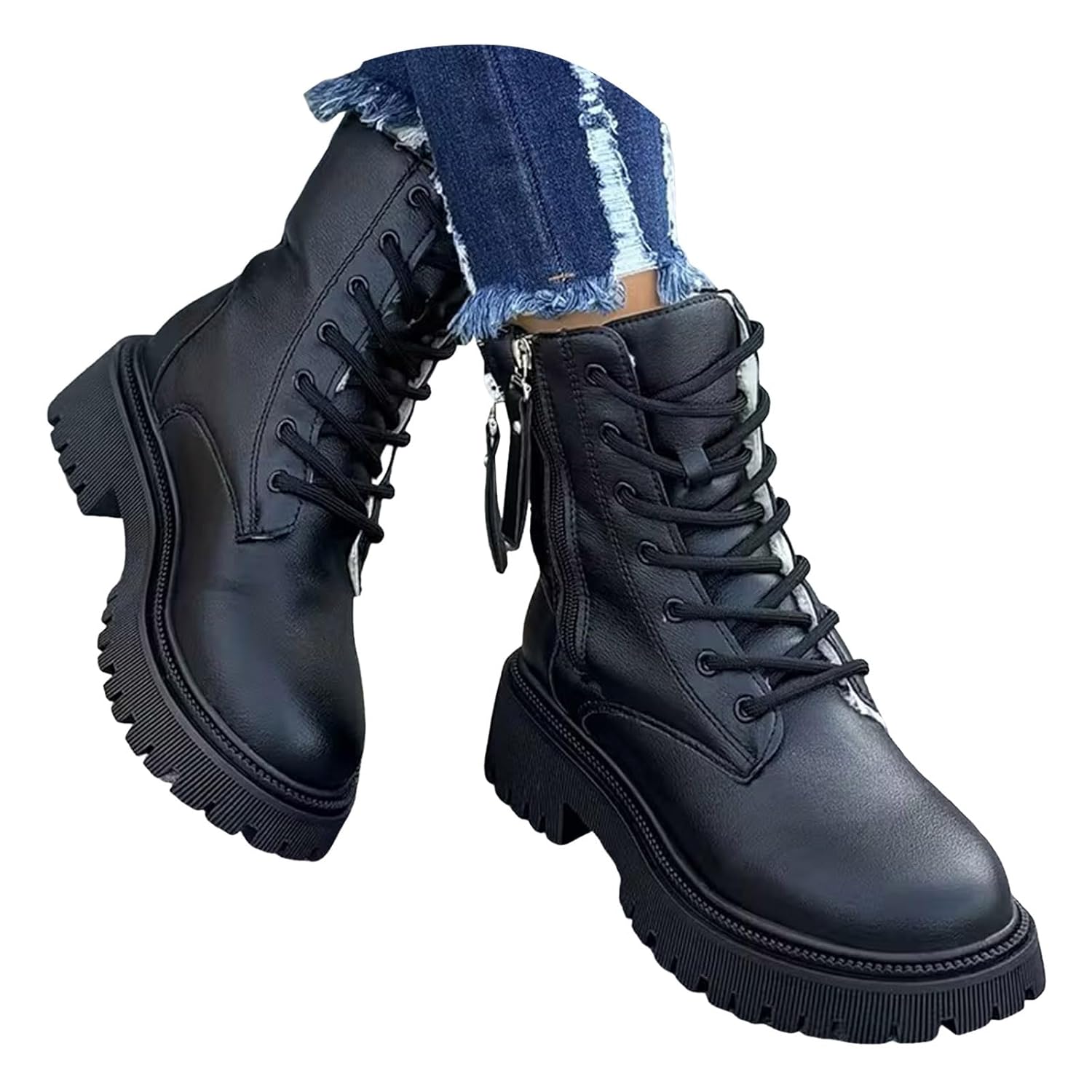 Womens Winter Warm Snow Boots Leather Lace Up Combat Platform Ankle Boots with Double Side Zipper Women Classic