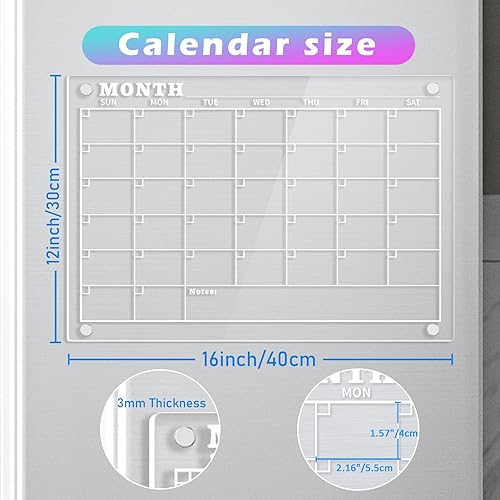 Miniatura 3 de Calendario magnético de borrado en seco, calendario acrílico, pizarra blanca transparente de 16 x 12 pulgadas para refrigerador con 6 marcadores