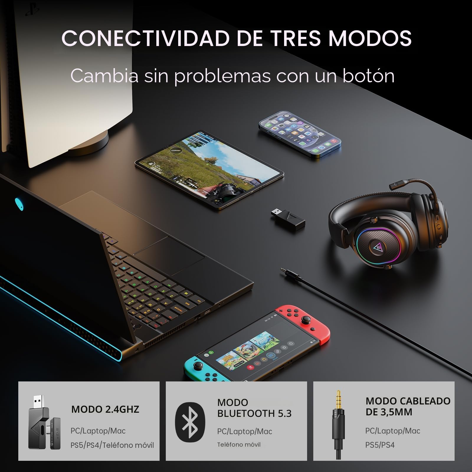 EKSA Cascos Gaming Inalámbricos para PC/Ps5/Ps4, Auriculares Gaming Inalámbricos con 2,4 GHz+BT 5,3 Modo Dual, Sonido Estéreo Cascos con Microfono, Cascos con Luz RGB, Duración 80Hr+
