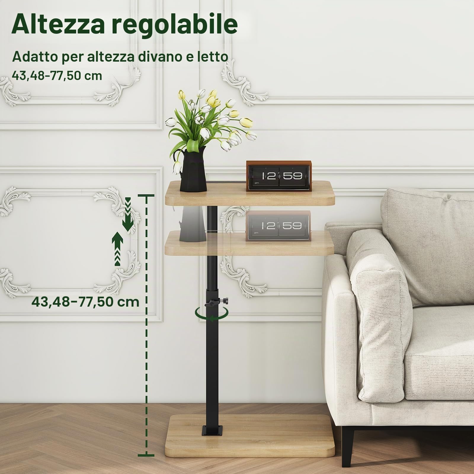 IBUYKE Tavolino a forma di C, girevole a 360° e regolabile in altezza, tavolino da caffè per spazi stretti, con slot per telefono e tablet, per soggiorno, camera da letto, naturale, TVT003R