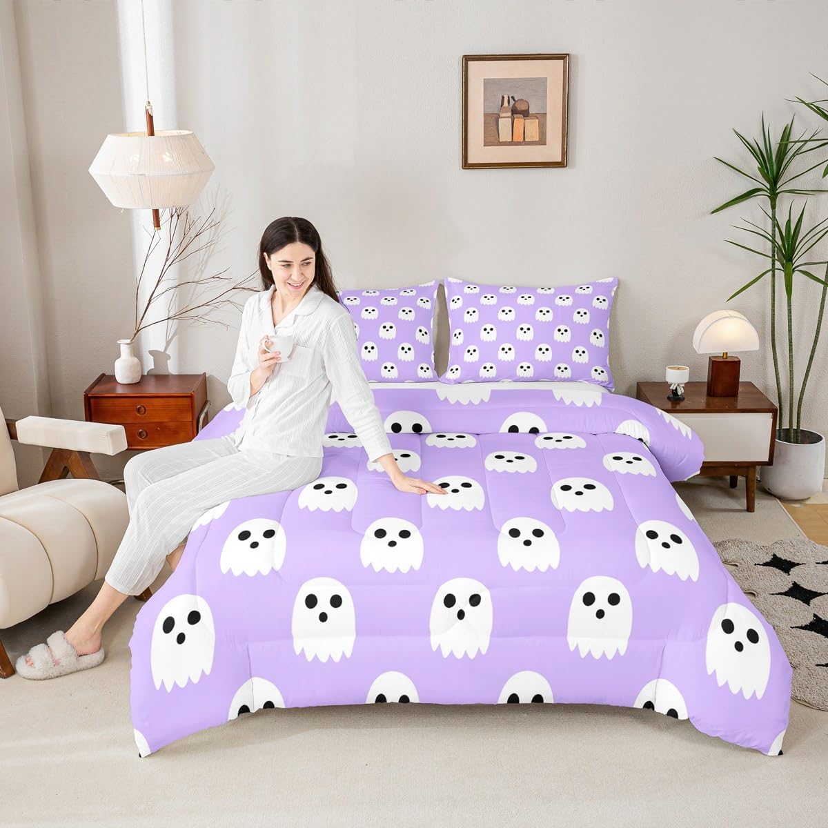 Feelyou Kids Halloween Comforter Set King Size, Cute Ghost Comforter Boys Girls Ghost Festival Bedding Set Cartoon Teens Duvet Set Bedroom Decor Microfiber Bed Set