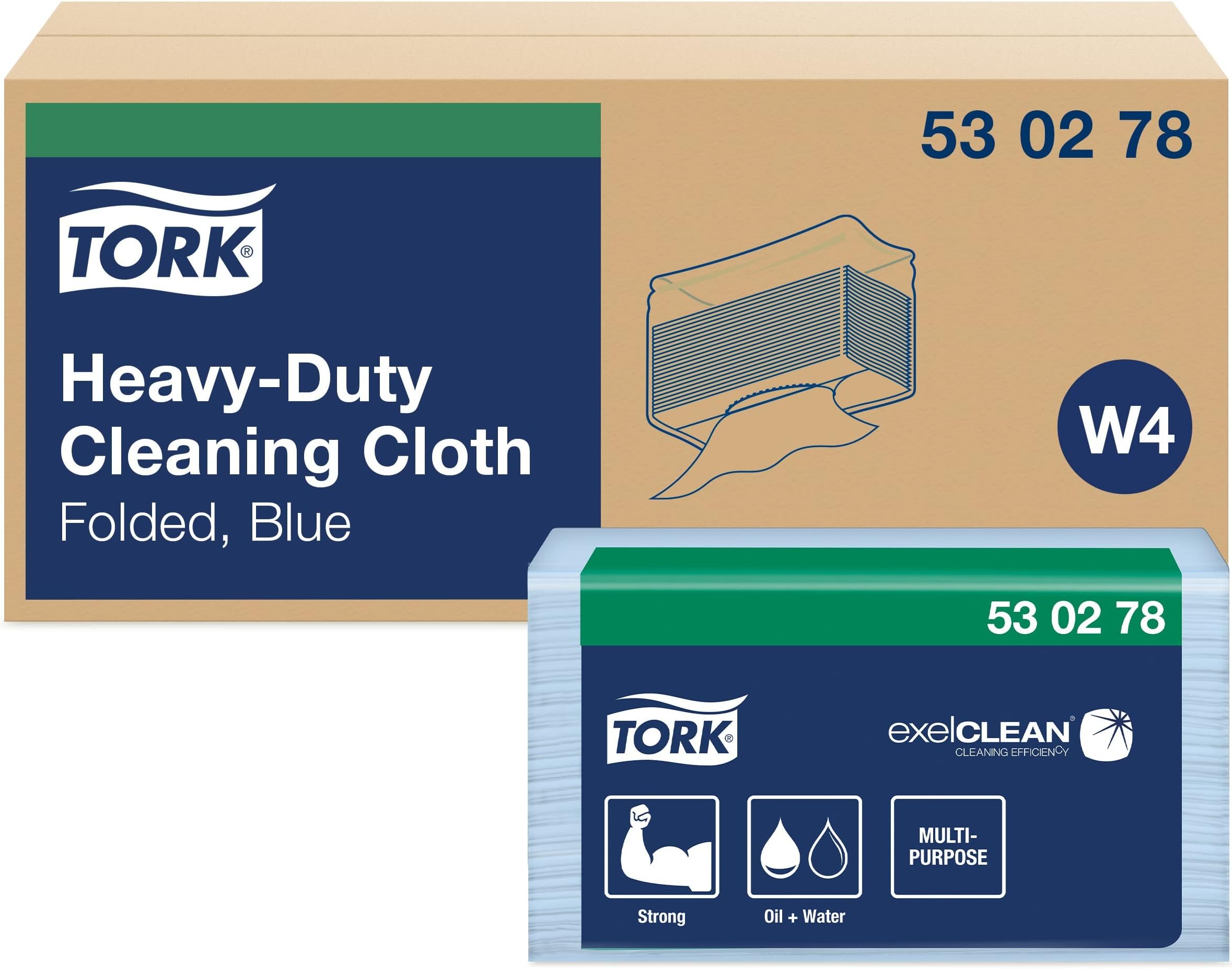 Tork 530278 Heavy-Duty Cleaning Cloth / 1 Ply Multipurpose Disposable Cotton Towel Suitable for W4 Top Pack System / Blue / 35.5cm x 10.8cm / 500 Sheets