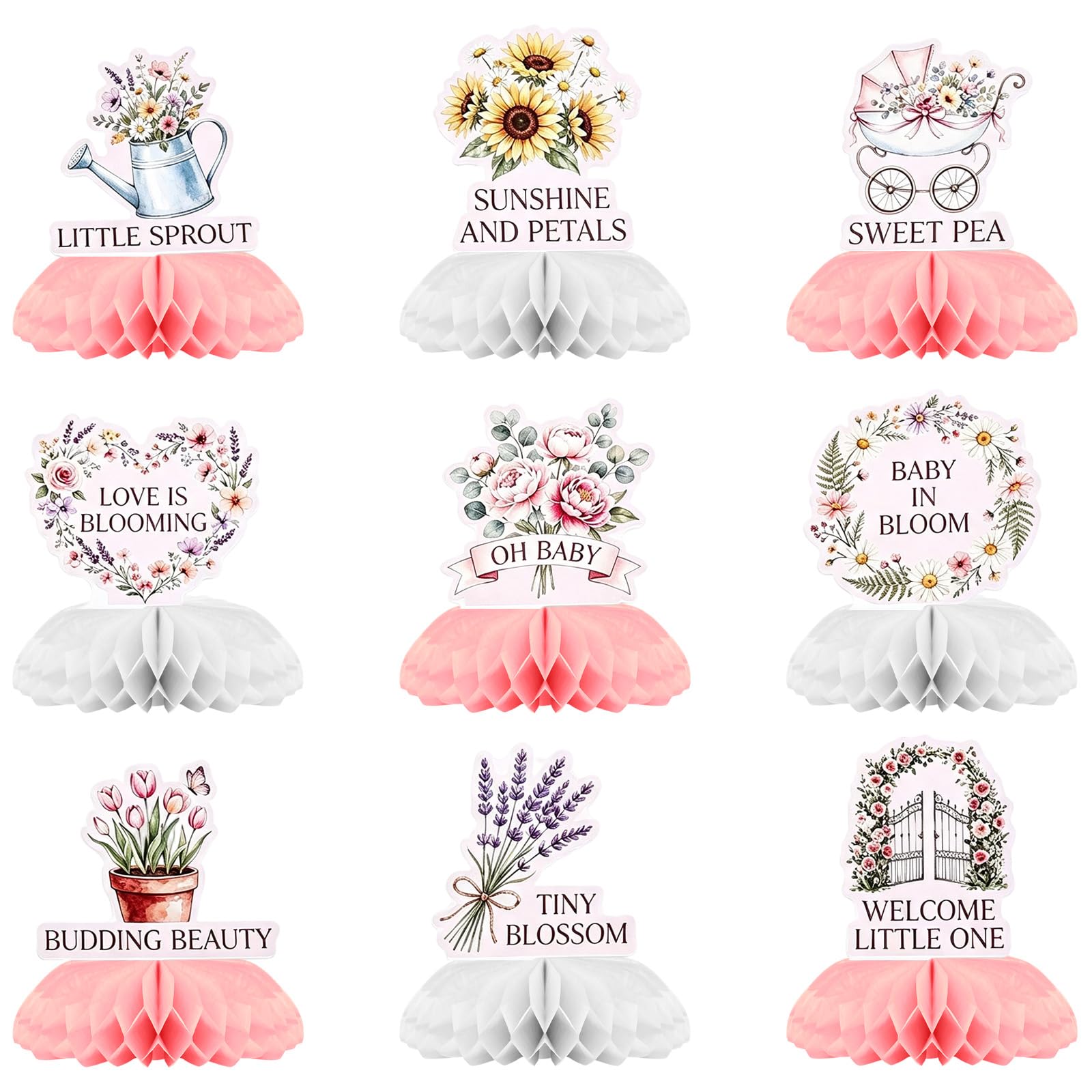 Baby in Bloom Honeycomb Centerpieces for Baby Shower Party Supplies 9Pcs