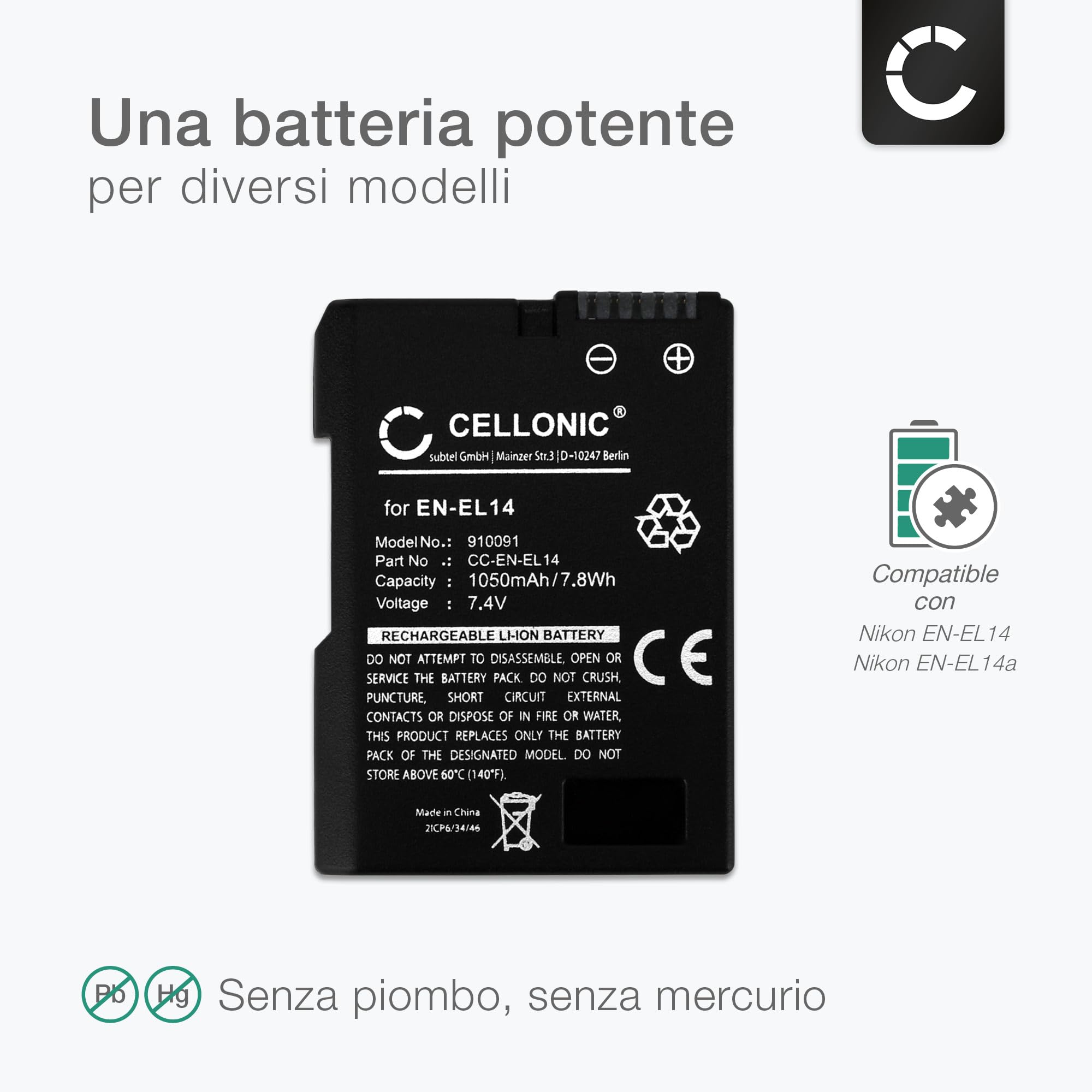 CELLONIC, Batteria per Fotocamera, Compatibile con Nikon D3100, D3200, D5100, D5300, D5600, D3300 (7.4V, 1050mAh)