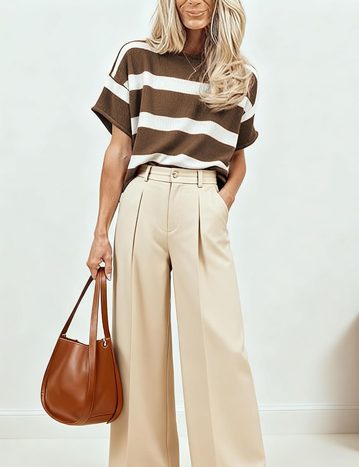 Women's Short Sleeve Knit Tops Crew Neck Striped Sweaters Dressy Casual for Summer Spring Fall - Image 2