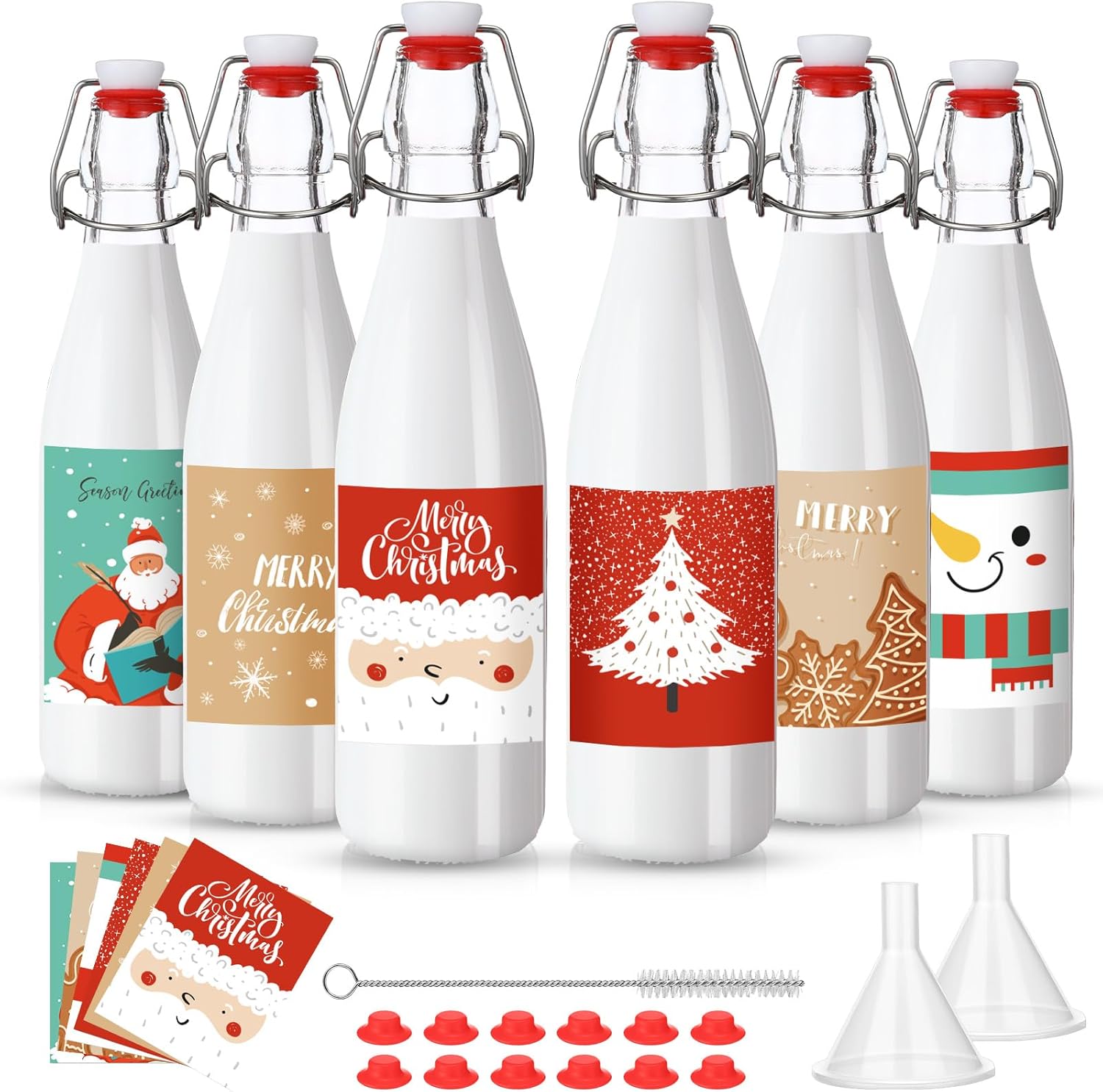 Maxcheck 6 Pcs 16 oz Christmas Swing Top Glass Bottles with Xmas Labels Sticker Airtight 500ml Empty Clear Wine Bottle for Vanilla Extract Home Brewing Coquito Liqueur Xmas Party Supplies (Black Gold)