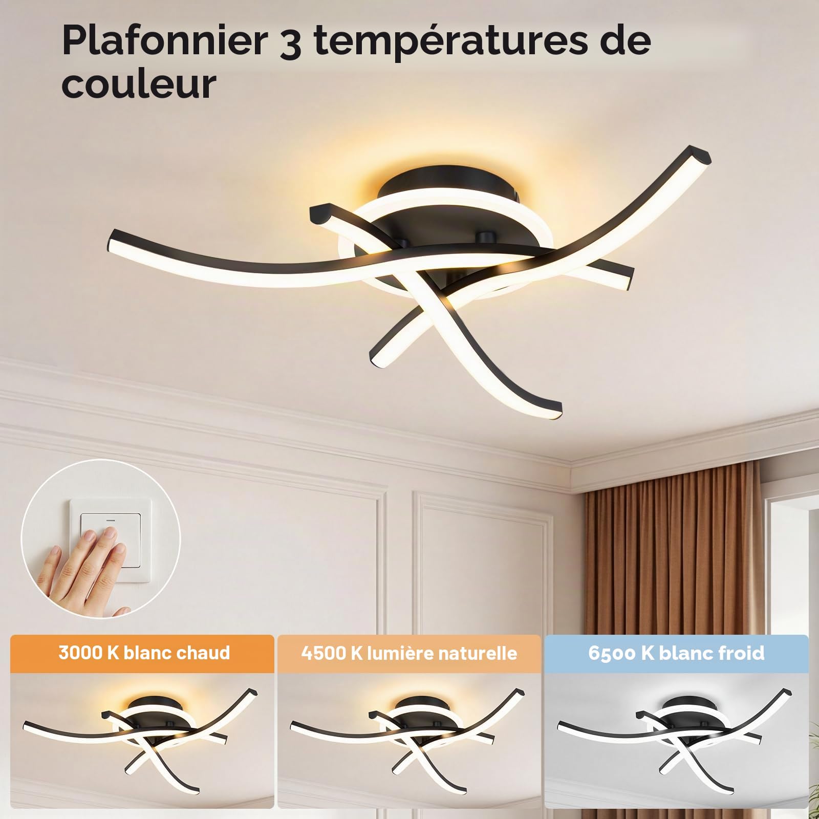 Plafonnier LED Moderne 21W, 3000K/4500K/6500K Lampe Plafond 2100lm CRI≥80, Luminaire Plafonnier pour Salon, Chambre, Bureau, Cuisine et Couloir avec Fonction Mémoire Noir