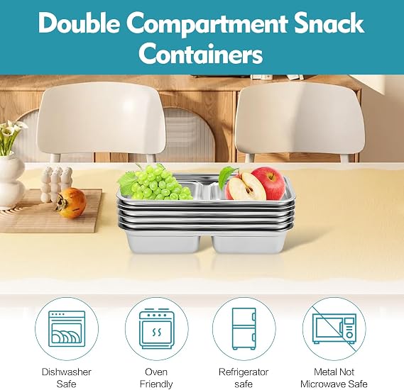 Grab and Go Snack Containers Reusable, 4pcs Stainless Steel Double Compartment Snack Containers, Dishwasher- Reusable Condiment Containers with Lids, Snacks Dips Takeout Travel and Back to School