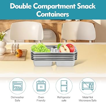 Grab and Go Snack Containers Reusable, 4pcs Stainless Steel Double Compartment Snack Containers, Dishwasher- Reusable Condiment Containers with Lids, Snacks Dips Takeout Travel and Back to School