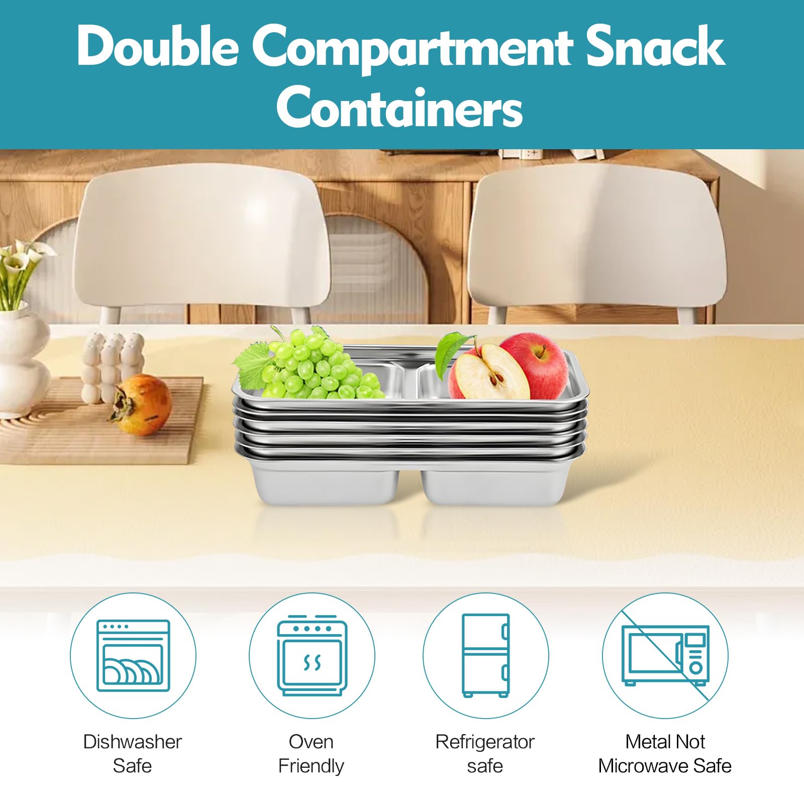 Grab and Go - Contenitori per snack riutilizzabili, in acciaio inox, a doppio scomparto, lavabili in lavastoviglie, contenitori riutilizzabili per condimenti con coperchi, snack, salse, da asporto
