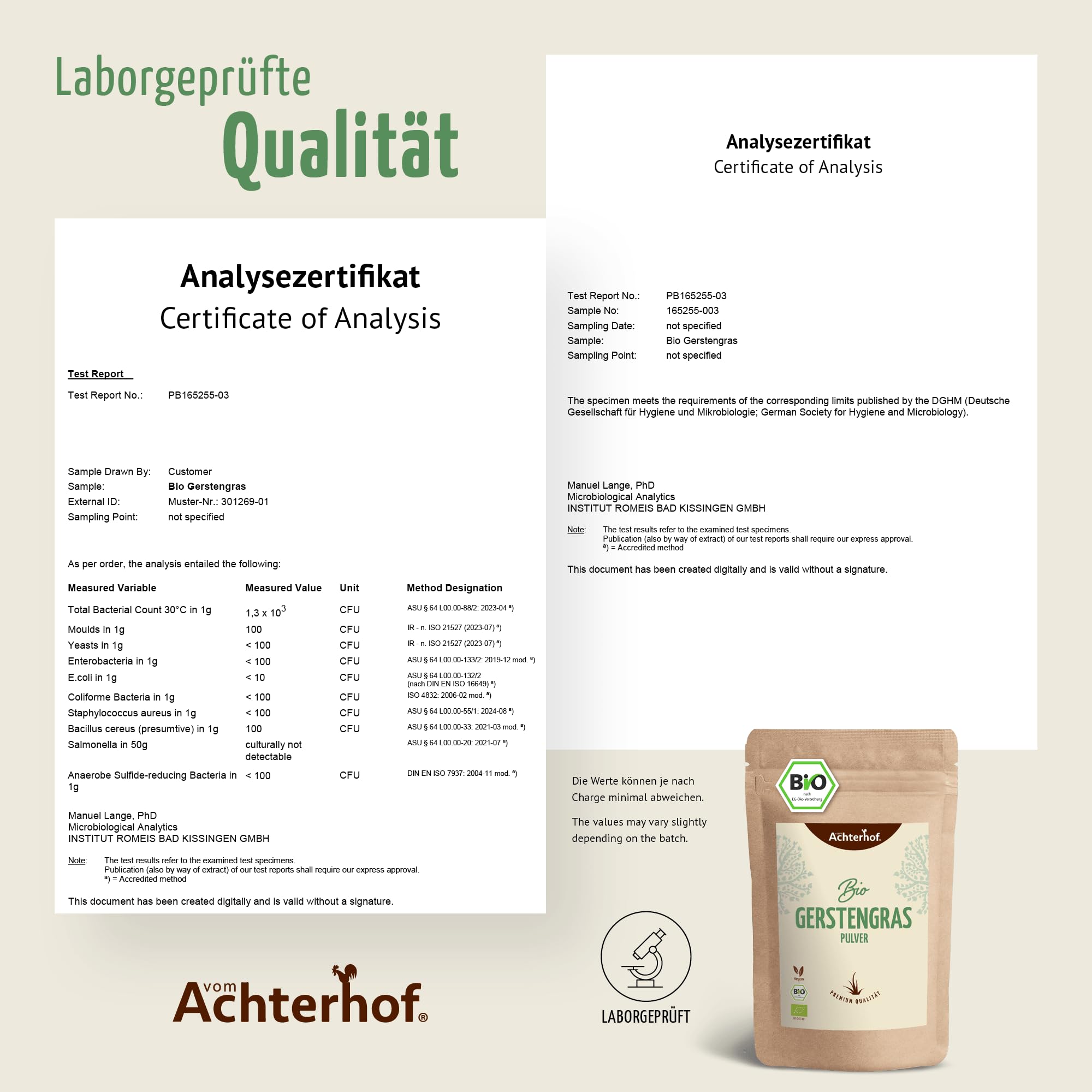 Erba d'orzo in polvere BIO (500g) | Da coltivazione tedesca | Qualità alimentare grezza | Residui controllati | vom-Achterhof