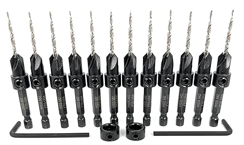 Miniatura 2 de FTG USA Juego de 12 brocas avellanadoras #4 (764 pulgadas) para madera, juego Pro Pack avellanador, broca avellanadora cónica, 2 collares de tope de