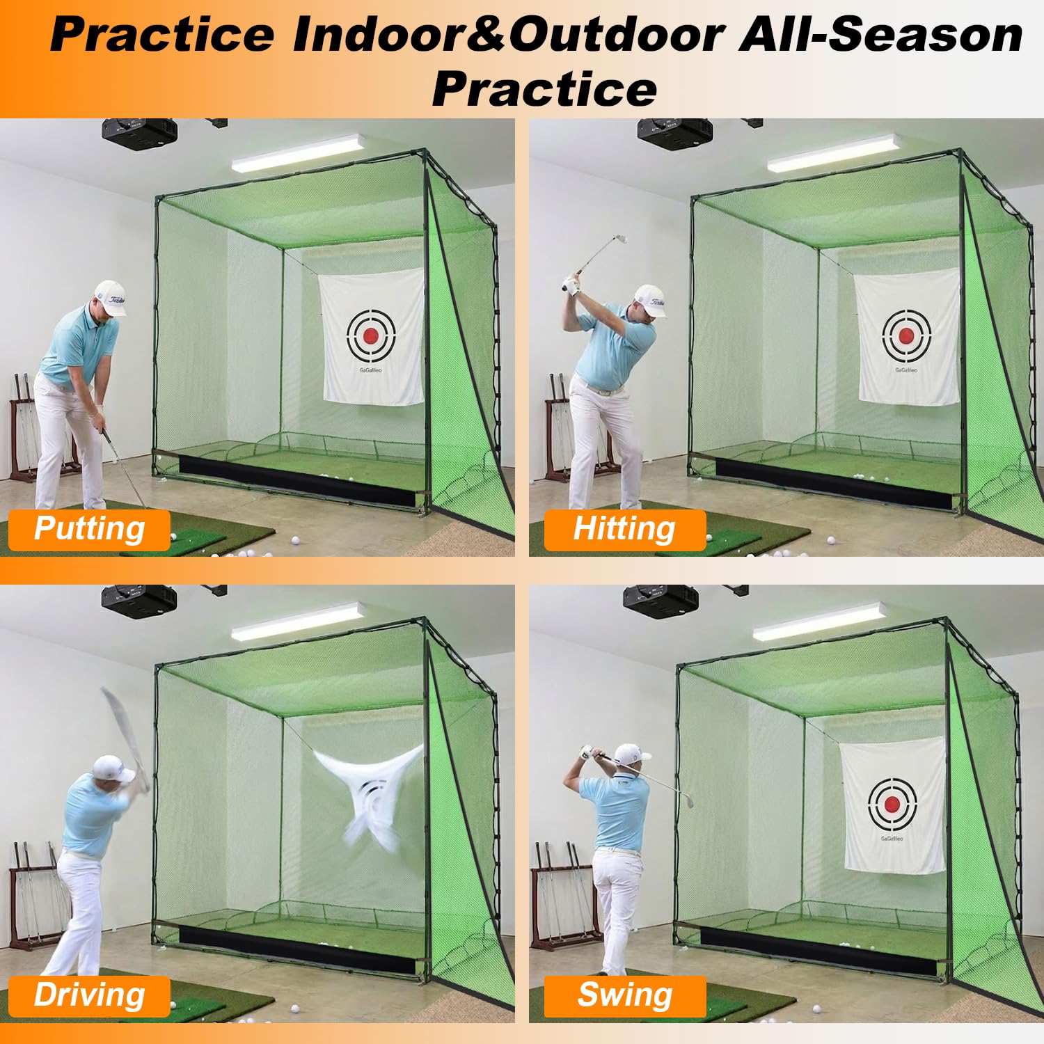 Galileo - Red de golf para entrenamiento de conducción, doble tope trasero con objetivos de ayuda al entrenamiento, red de retorno automático de bolas para jardín, 2,1 x 2,1 x 2,1 x 2,1 m, interior
