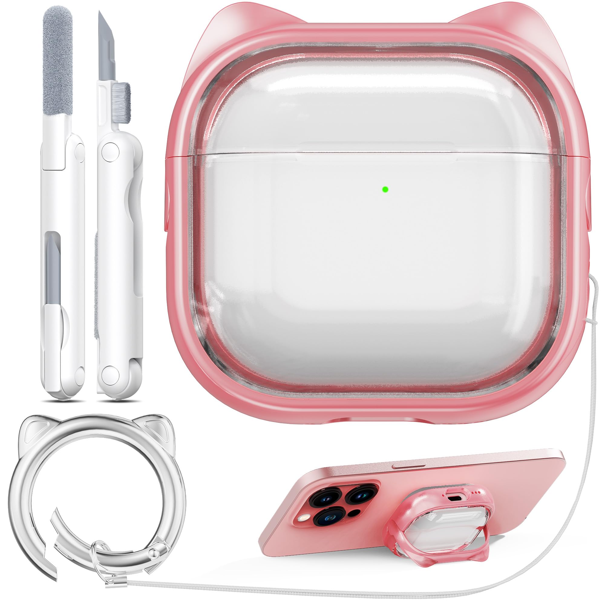 Coque AirPods 4 rose transparente avec support de téléphone intégré - 8