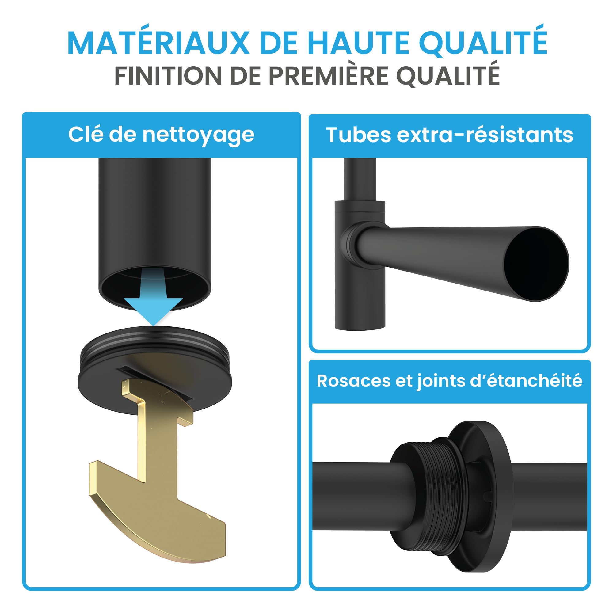 Bächlein Siphon Universel pour Lavabo et Évier – Bonde de Lavabo Design – Siphon Adaptable – Siphon Anti-Odeur avec Orifice de Nettoyage + Mode d’Emploi - Mat Noir