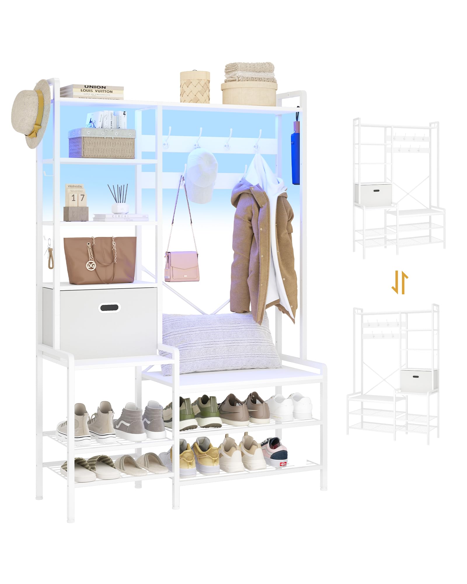 Porte-Manteau, Meuble d’Entrée, avec Banc et Étagères à Chaussures, Vestiaire d'entrée avec Tiroir en Tissu, 7 Crochets à Double Broche, Étagère Réglable, Meuble Chaussures, 40 x 120 x 192 cm, Blanc