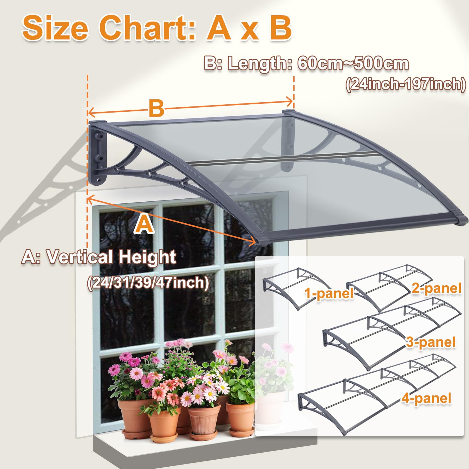 Marquesina Puerta Exterior 80x240cm, Marrón Policarbonato Transparente Resistente Toldo para Puertas Ventanas Entrada, Tejadillo Protección contra Sol y Lluvia