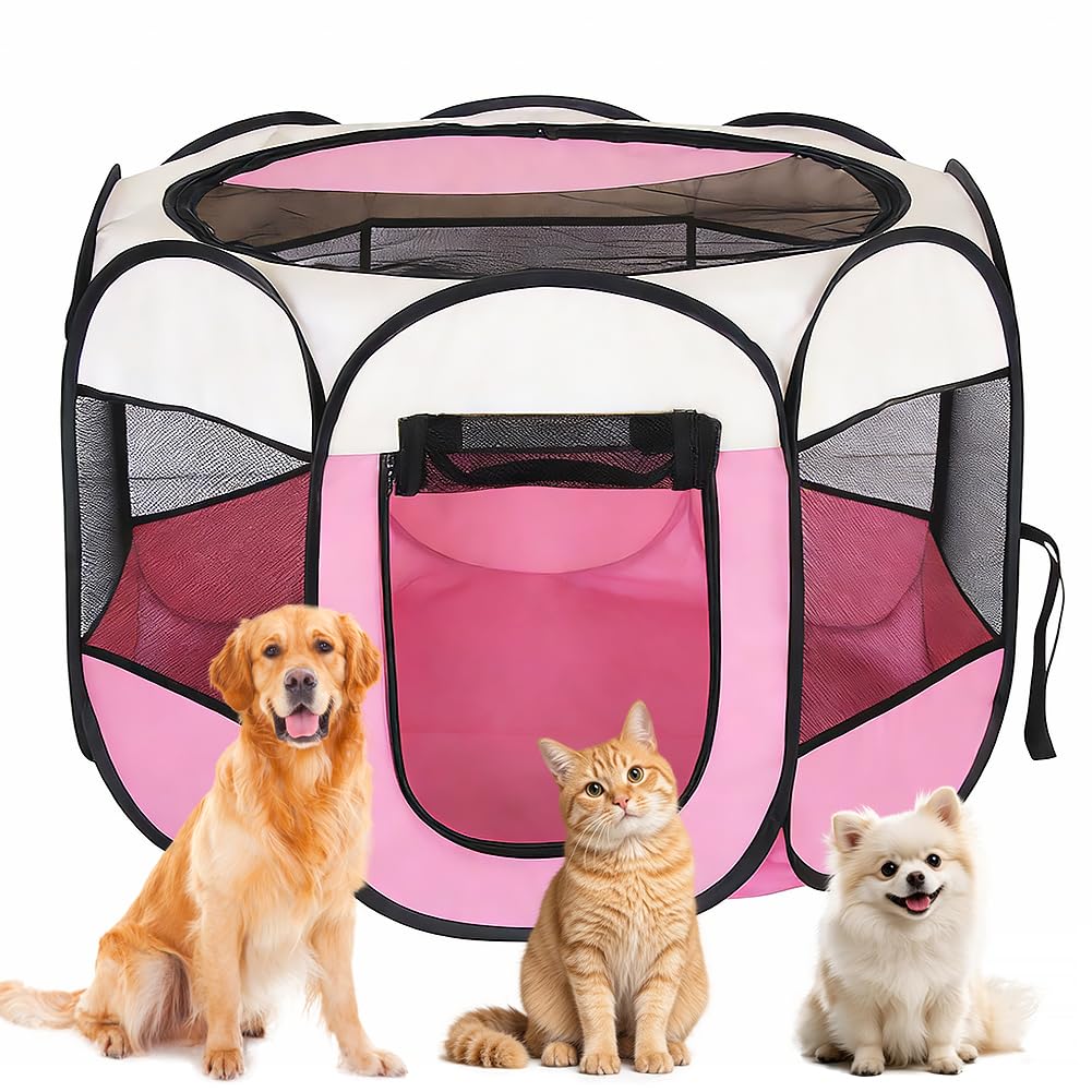 Gabbia per cuccioli per animali domestici, XXL, per cuccioli, per esterni e interni, per piccoli animali come cani e gatti (beige + rosa)