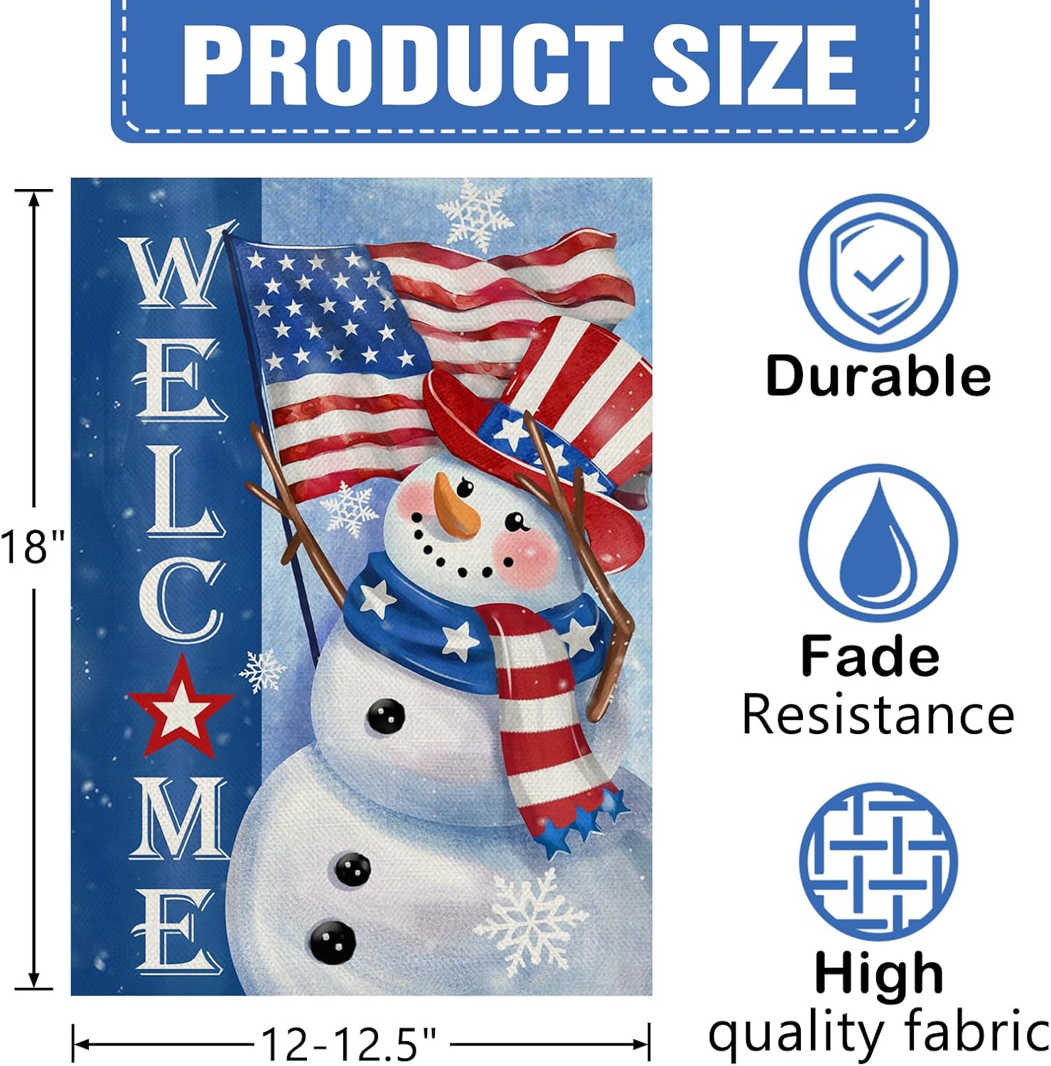 Dyrenson Welcome Winter Snowman Decorative Garden Flag, Patriotic America Snowflake Yard Outside Home Decorations, American USA Christmas Seasonal Burlap Outdoor Small Decor Double Sided 12 x 18 - Image 2