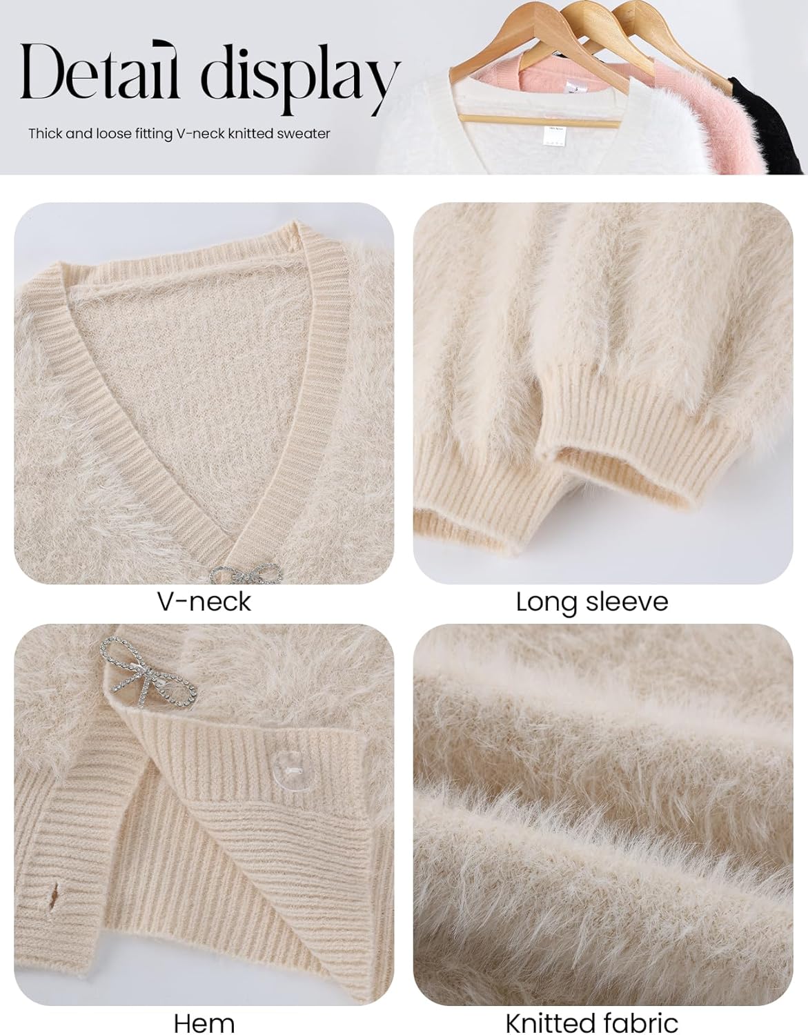 Yimoon Women's Fuzzy Cardigan Sweater Cropped Cardigans Bowknot Brooch Button Knit Sweaters V Neck Long Sleeve Soft Knitwear - Image 5
