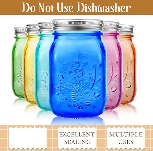 Miniatura 2 de 12 tarros de vidrio de 32 onzas con tapas de vidrio de boca ancha, no se permiten lavavajillas (bonitos colores)