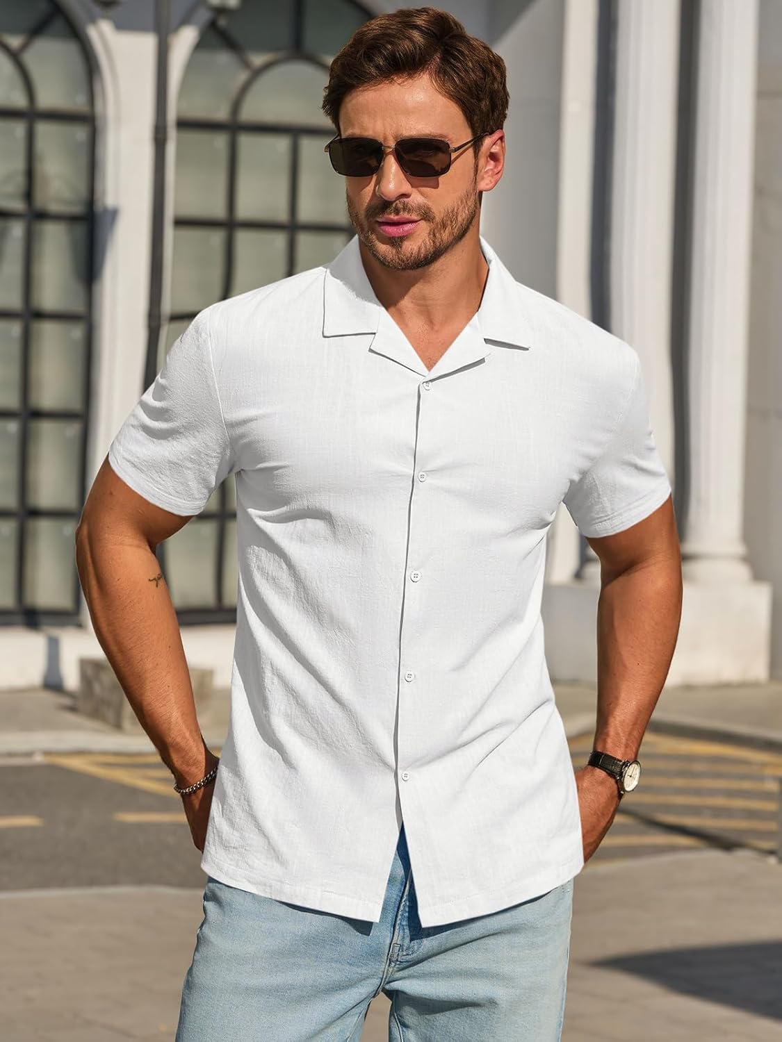 Runcati Mens Button Down Cotton Shirt Short Sleeve Casual Linen Untucked Shirts Summer Beach Vacation Tops - Image 3