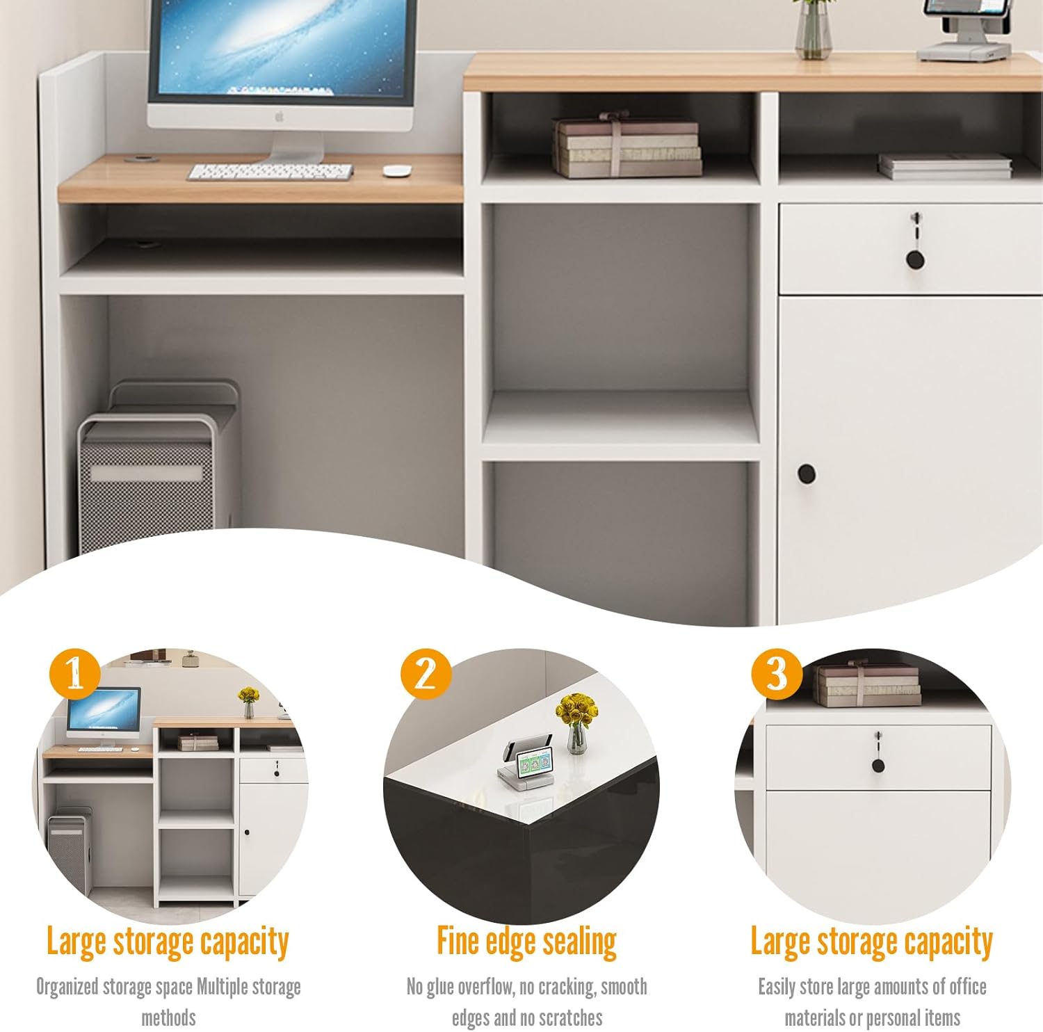 Modern Solid Wood Reception Desk 35.4-74.8 Inch, Professional Lobby Counter with Large Storage & Drawers for Salon, Office, Waiting Room - Stylish Front Office Furniture
