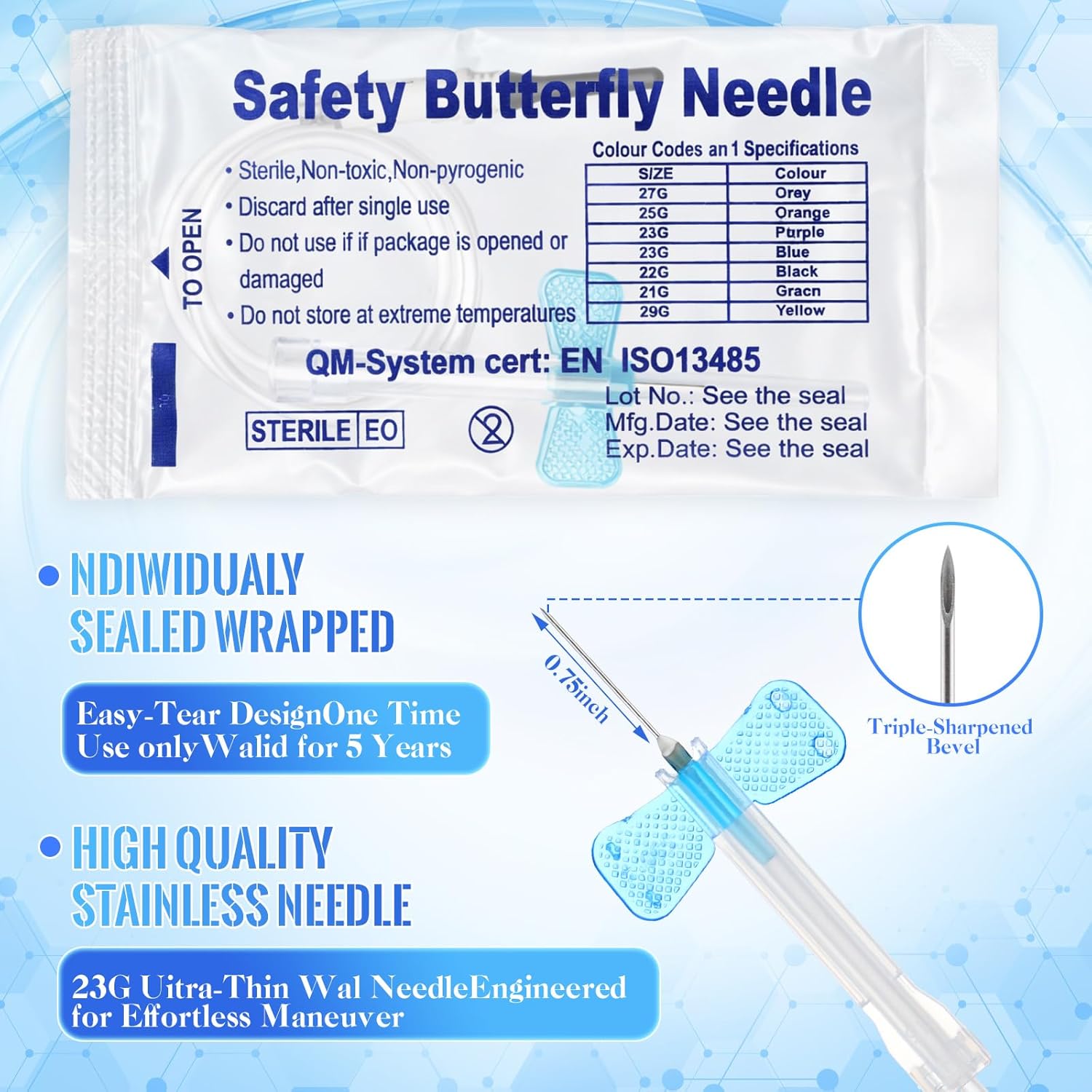 100 Pack Butterfly Needles Collection Needles Blood Collection Set with Holder Sterile Individual Packaging for Laboratories and Veterinary (Butterfly1,23G X 3/4" X 12",Blue)
