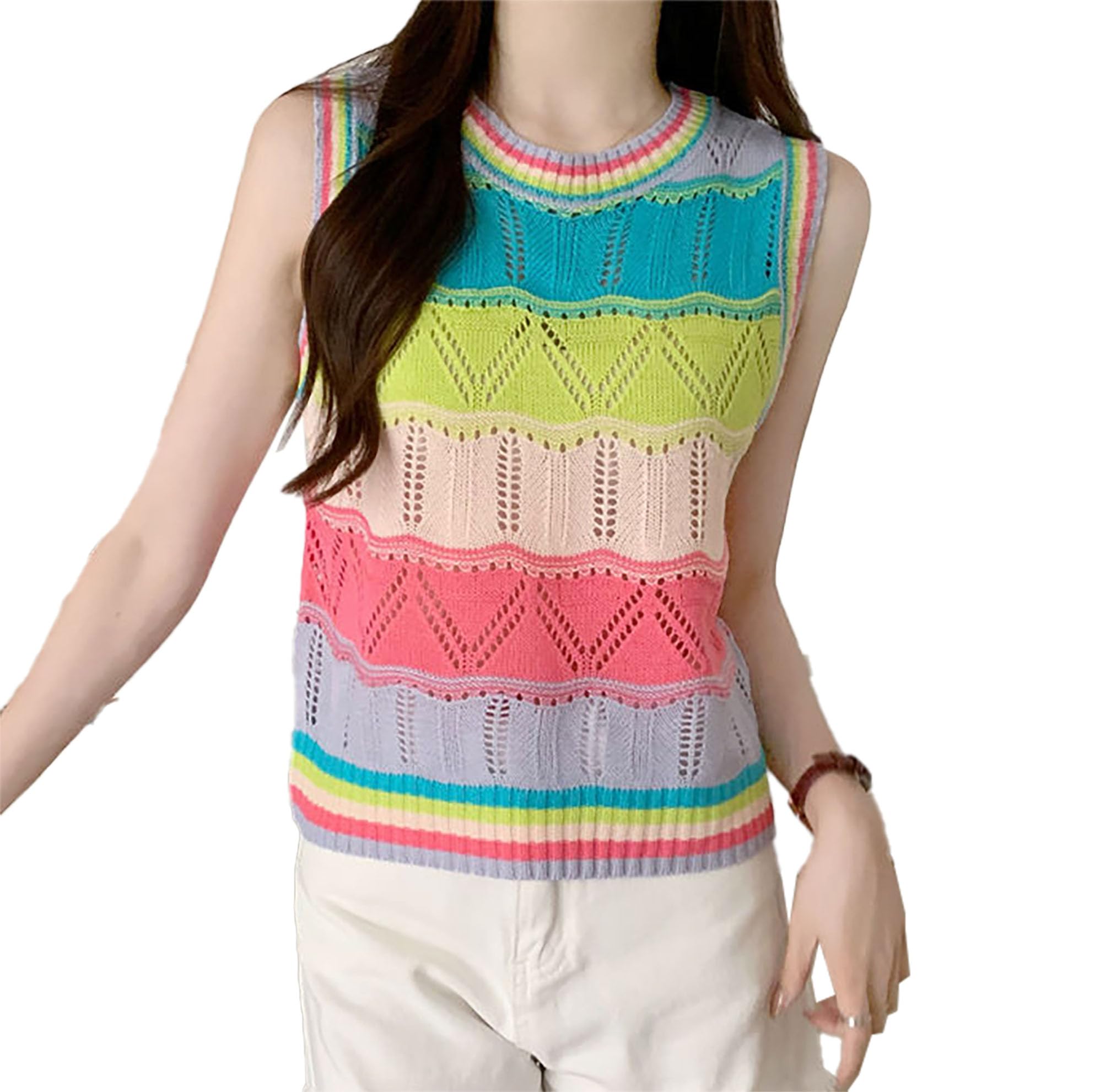 icw Women's Knitted Sleeveless Cut-Out Colour Block Multicolour Rainbow Striped Crochet Crop Vest Cami Tank Top Dn63-picture-37