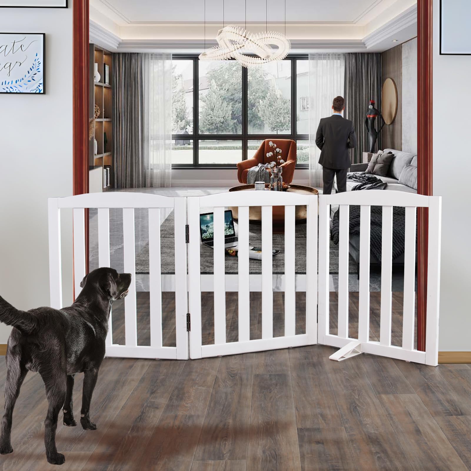 ZJSF Foldable Freestanding Indoor Dog Gate for House Wood White Long Pet Gates Dog Fence for Stairs Puppy Gates for Hallways,Dog Fence, Puppy Gate,Support Feet Included 24