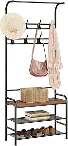 Amyove Coat Rack Shoe Bench, 3-in-1 Hall Tree Shoe Rack for Entryway, 3-Tier Storage Shelf and 8 Hooks Removable, Industrial Accent Furniture with Steel Frame, Multifunctional Hallway Organizer