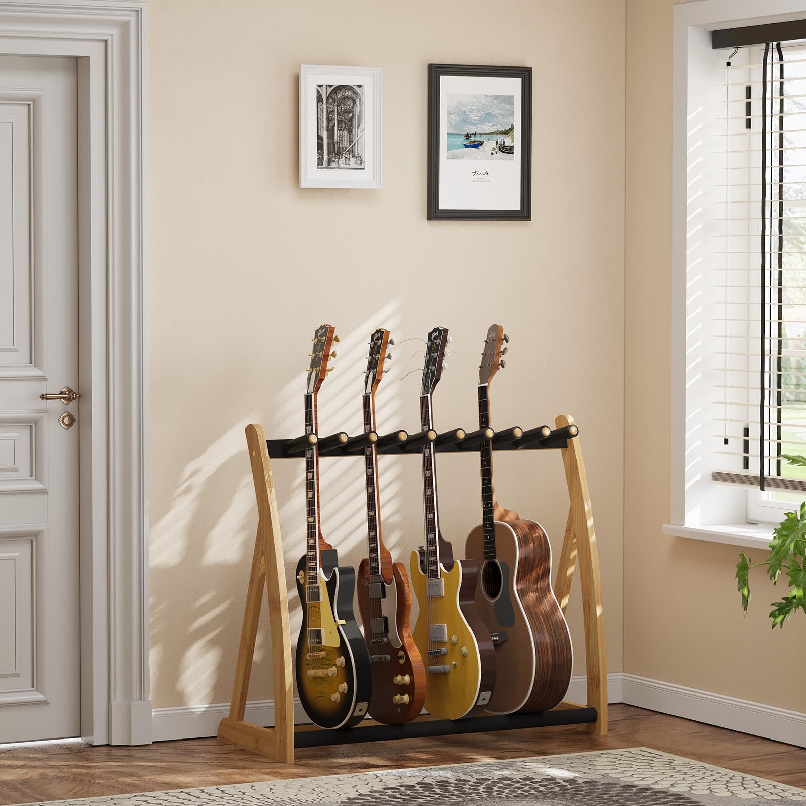 Multi-Gitarrenständer, strapazierfähig, Holzbodenständer für E-Gitarre und Bass, verstellbarer, rutschfester Gitarrenständer, hält mehrere Gitarren und Bässe (E-Gitarrenständer, Bassständer