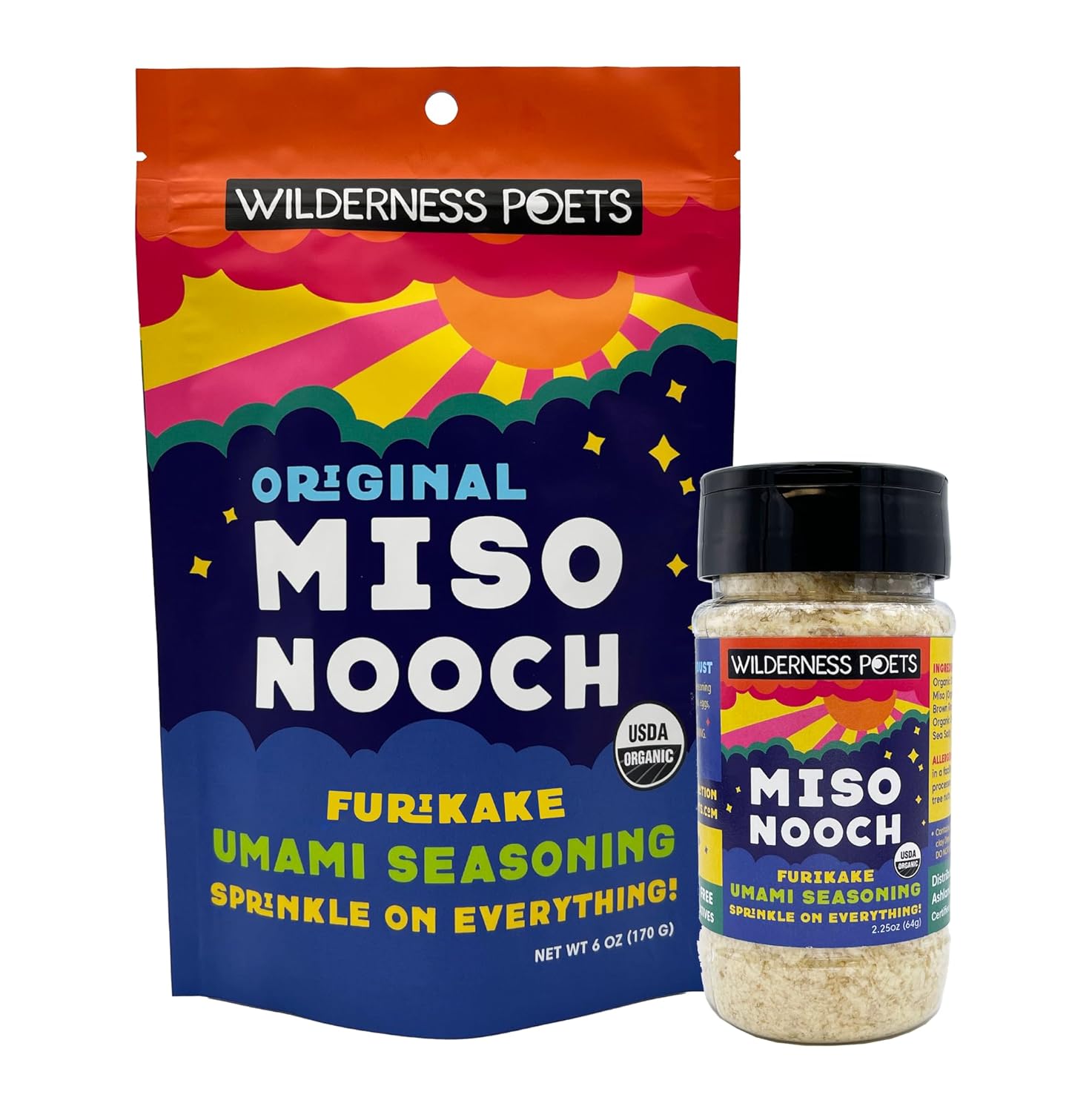 Wilderness Poets, Miso Nooch - 100% Dried Organic Chickpea Miso Umami Seasoning - Sprinkle on Everything. Organic, Vegan, Soy Free, (2.25 Ounce Shaker Bottle & 6 Ounce Refill Bag)