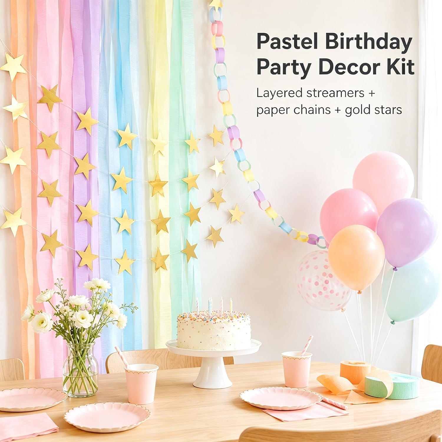 314 Pcs Pastel Paper Chain Strips Streamers Garland Set with 492ft Pastel Crepe Streamers, 300 Paper Chain Garland Strips, 65.5ft Star Hanging, 3 Double-Sided Tapes for Party Birthday Wedding Decor