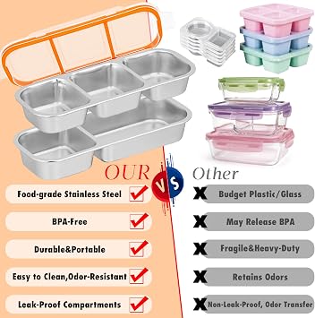 Stainless Steel Snack Containers for Match Day,2 Compartments Metal Snack Pack Box with Lids, Kid's Divided Food Storage Containers Sauce Cups for Football,Game Night Travel, School,Leak-Proof(1 Pack)
