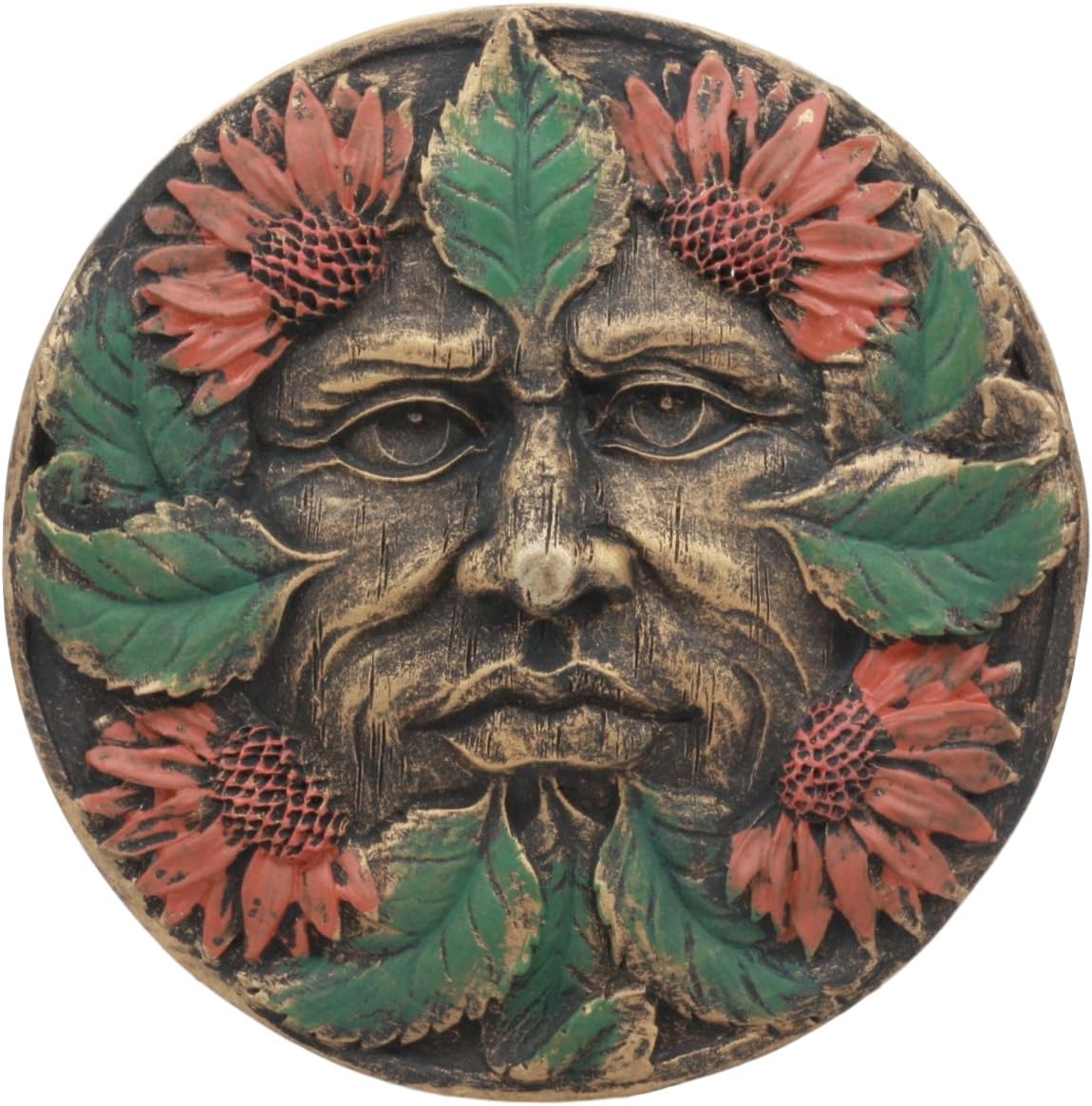 Ebros Bronzed Four Seasons Tropics Summer Celtic Greenman Pan Wall Decor Sunflower Greenman Foliage Round Wall Plaque Sculpture 5" Diameter