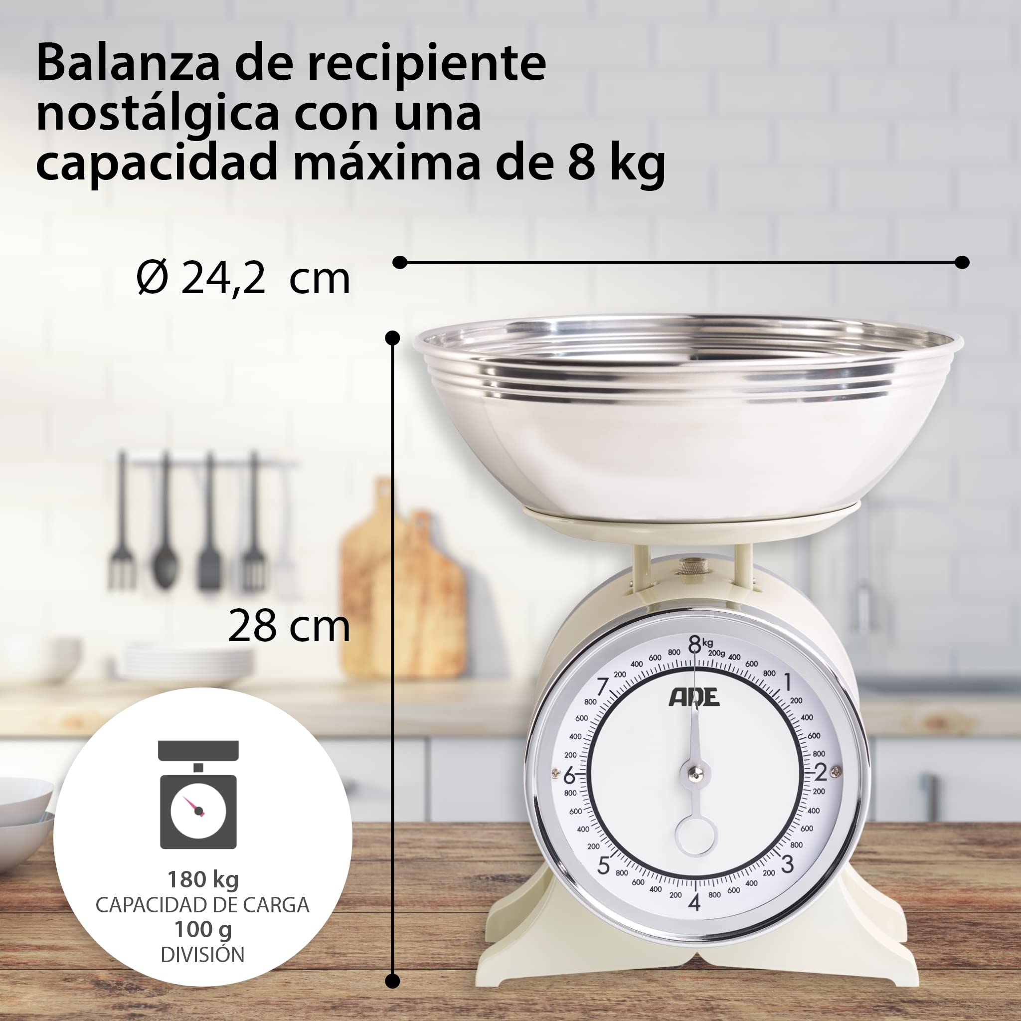 ADE Báscula de cocina mecánica classica | báscula de bol analógica de estilo rústico fabricada en metal | bol de acero inoxidable | báscula de cocina manual precisa hasta 8 kg | color crema