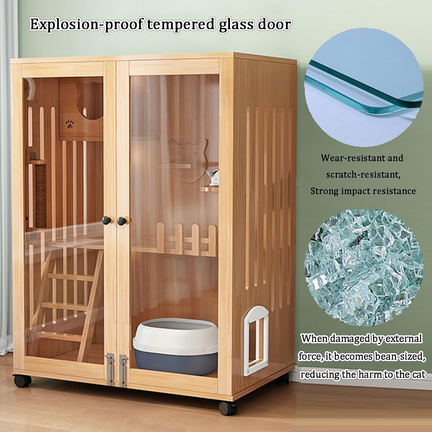 Cat Cage, Thickened solid wood Cat Enclosures, Multi-layer luxury space, Transparent tempered glass, Mesh ventilation and movable pulley, Kattstängsel för 1-3 kattungar(Wood color,47.2x47.2/12