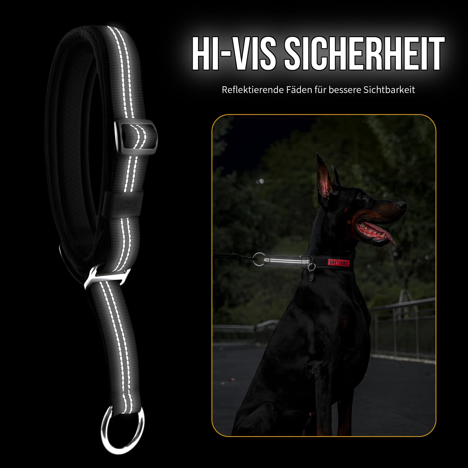 OneTigris Zug-Stopp Hundehalsband, Weich Gepolstert Breites Hundehalsband mit Reflektierend für Mittelgroße und Große Hunde, Schwarz M
