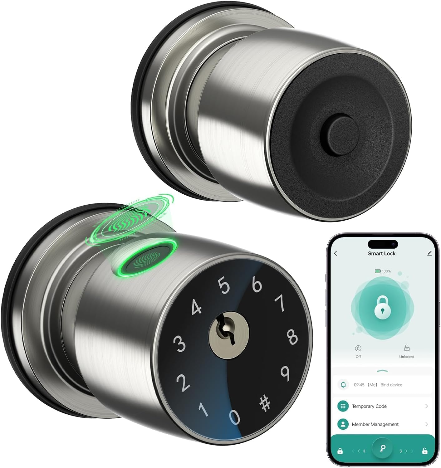IRONZON Fingerprint Door Knob for Bedroom - 291Y 4-in-1 Keyless Bedroom Door Knob Smart Door Lock with App, One-tap Privacy Mode Setup, Auto-Lock Easy to Install - Satin Nickel