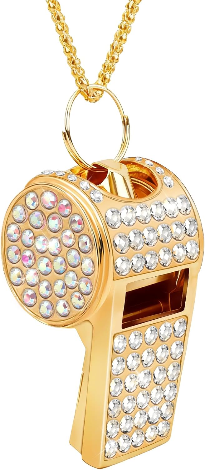 Whistle Bling Whistle Metal Crystal Rhinestone Whistles Shining Glitter Whistles with Long Chain Necklace Pendant Accessory for Women Men Coaches Referee Teacher Official Sport Training Loudsound