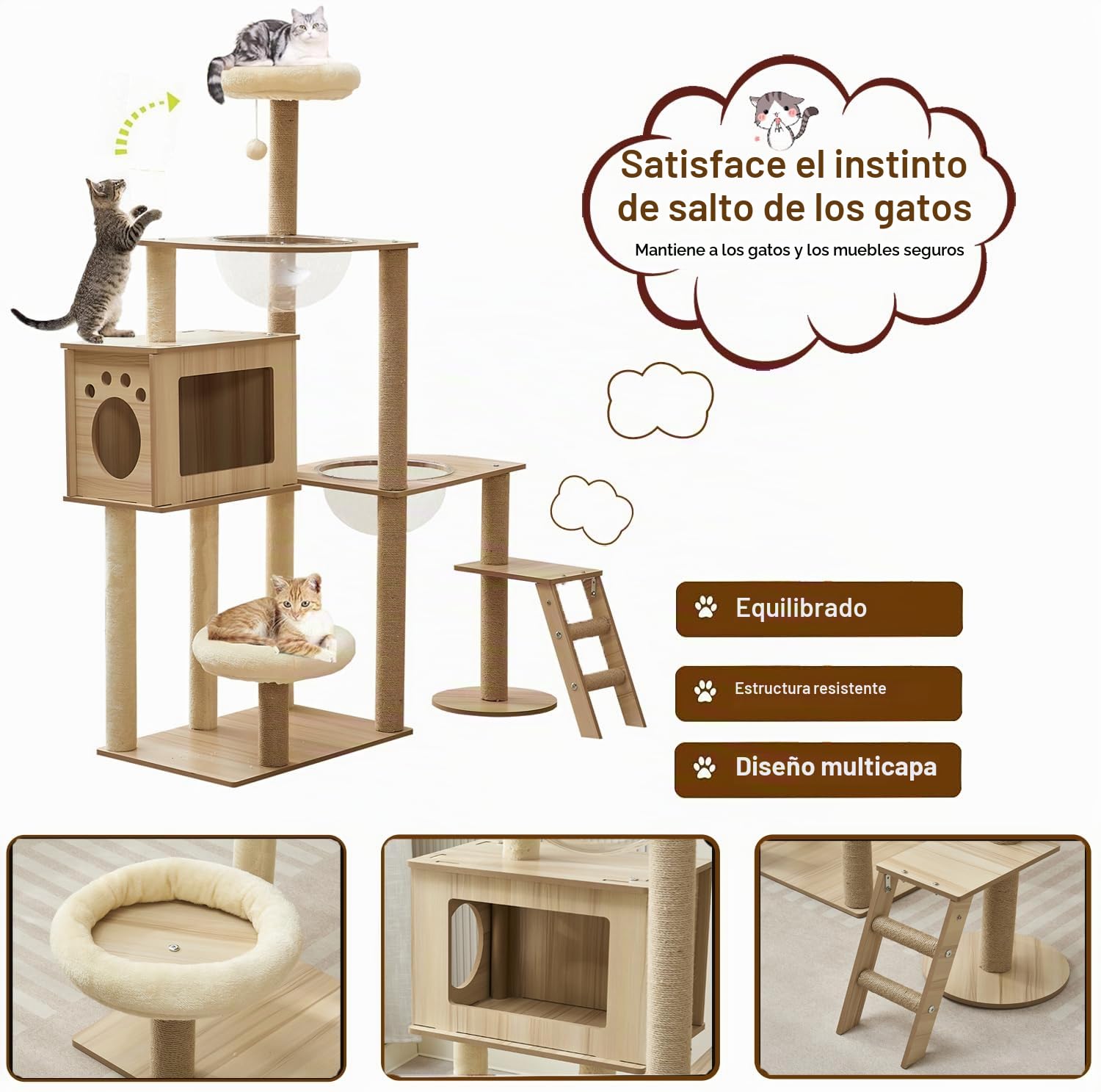 Rascador de Madera de 135 cm, Grande, Estable, Moderno, con condominio, Escalera, Cuenco, árbol rascador Grande